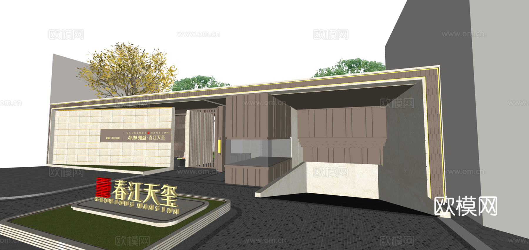 新中式住宅小区入口大门su模型下载