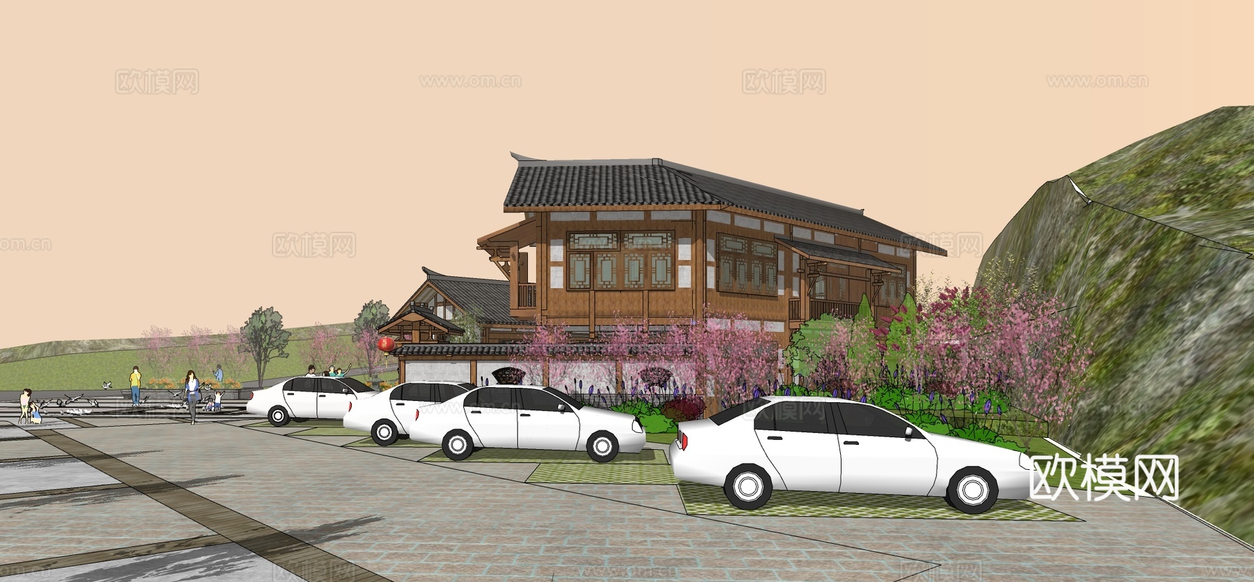 新中式民宿建筑外观su模型下载