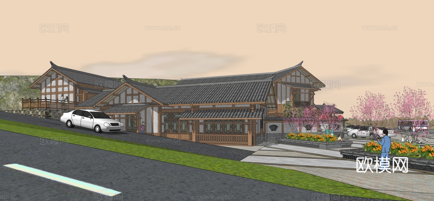 新中式民宿建筑外观su模型下载