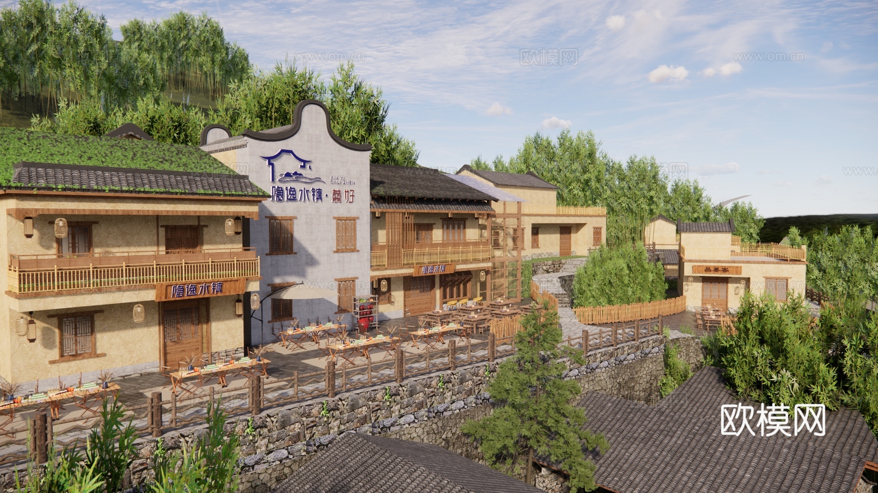 新中式乡村民宿建筑 乡村庭院 民宿商业街 旅游小镇su模型下载