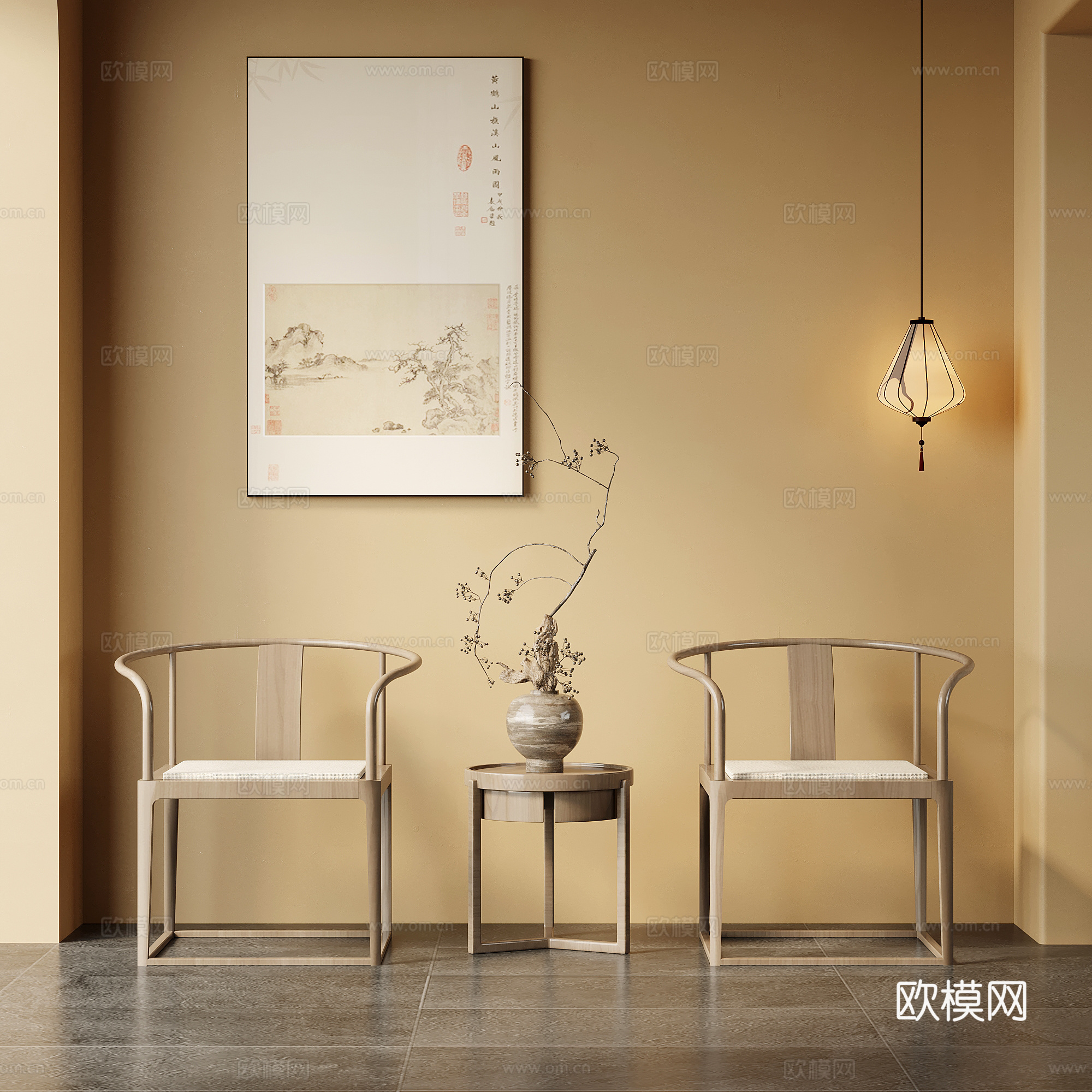 休闲椅 新中式休闲椅 单人椅 边几 装饰画 小吊灯su模型