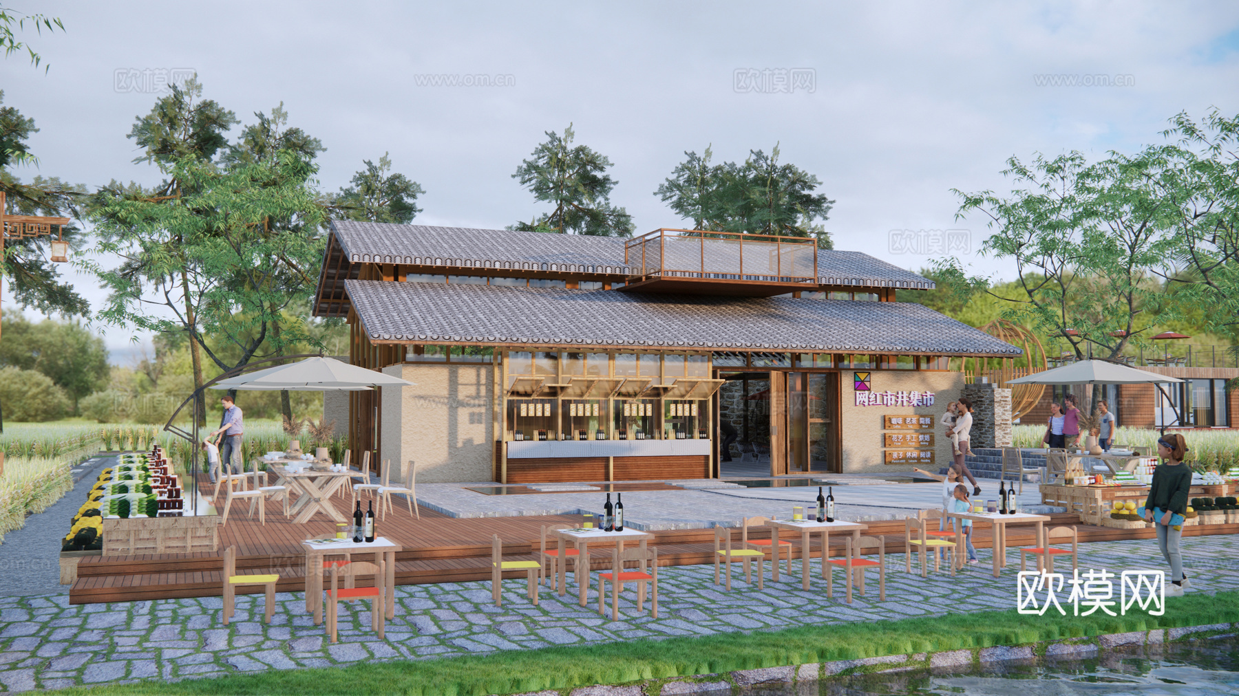 田园集市 乡村茶馆 木屋 民宿su模型下载