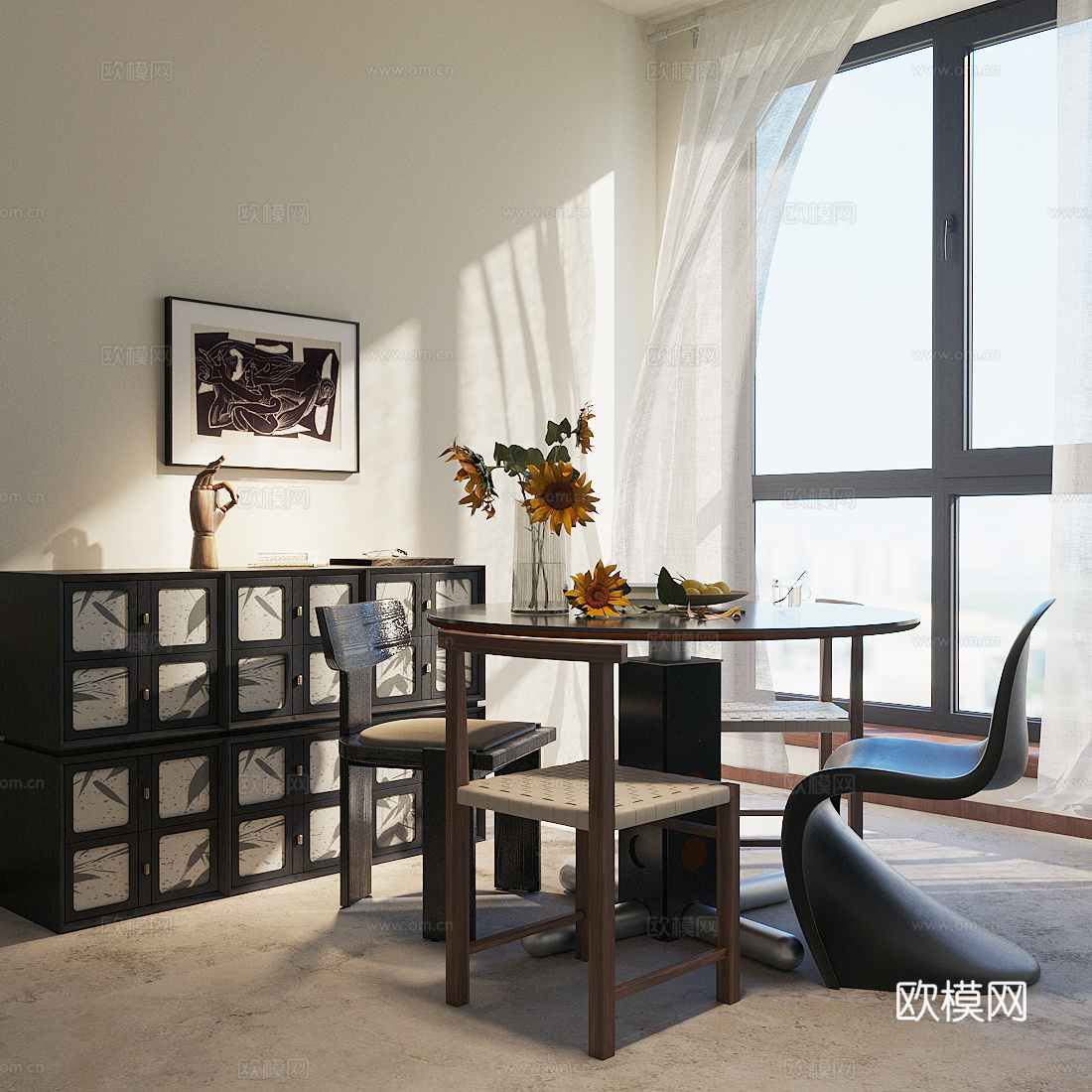 复古中古餐桌椅 圆桌餐桌 复古风餐桌椅 中古风餐桌椅 花艺3d模型