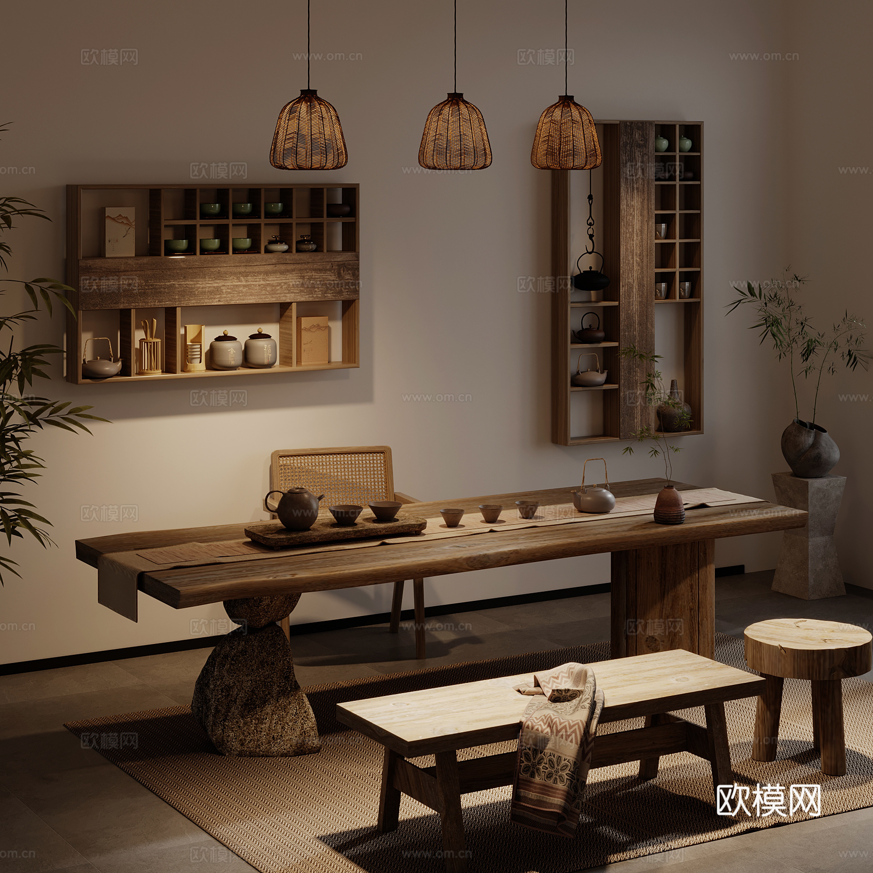 侘寂风茶桌椅 博古架 置物架 茶室su模型