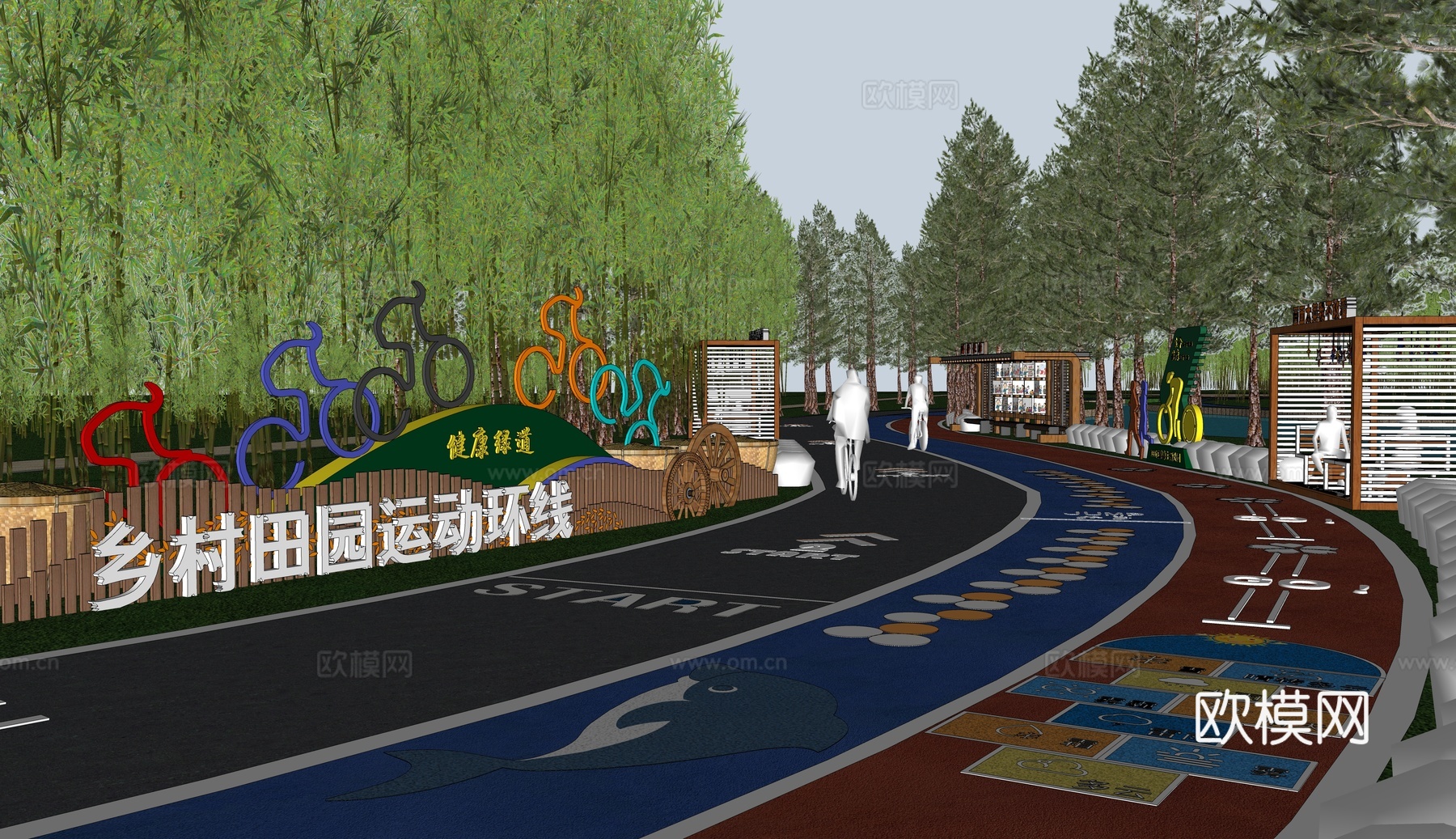 现代运动景观公园 绿道健身景观 运动雕塑小品 健康游步道su模型下载