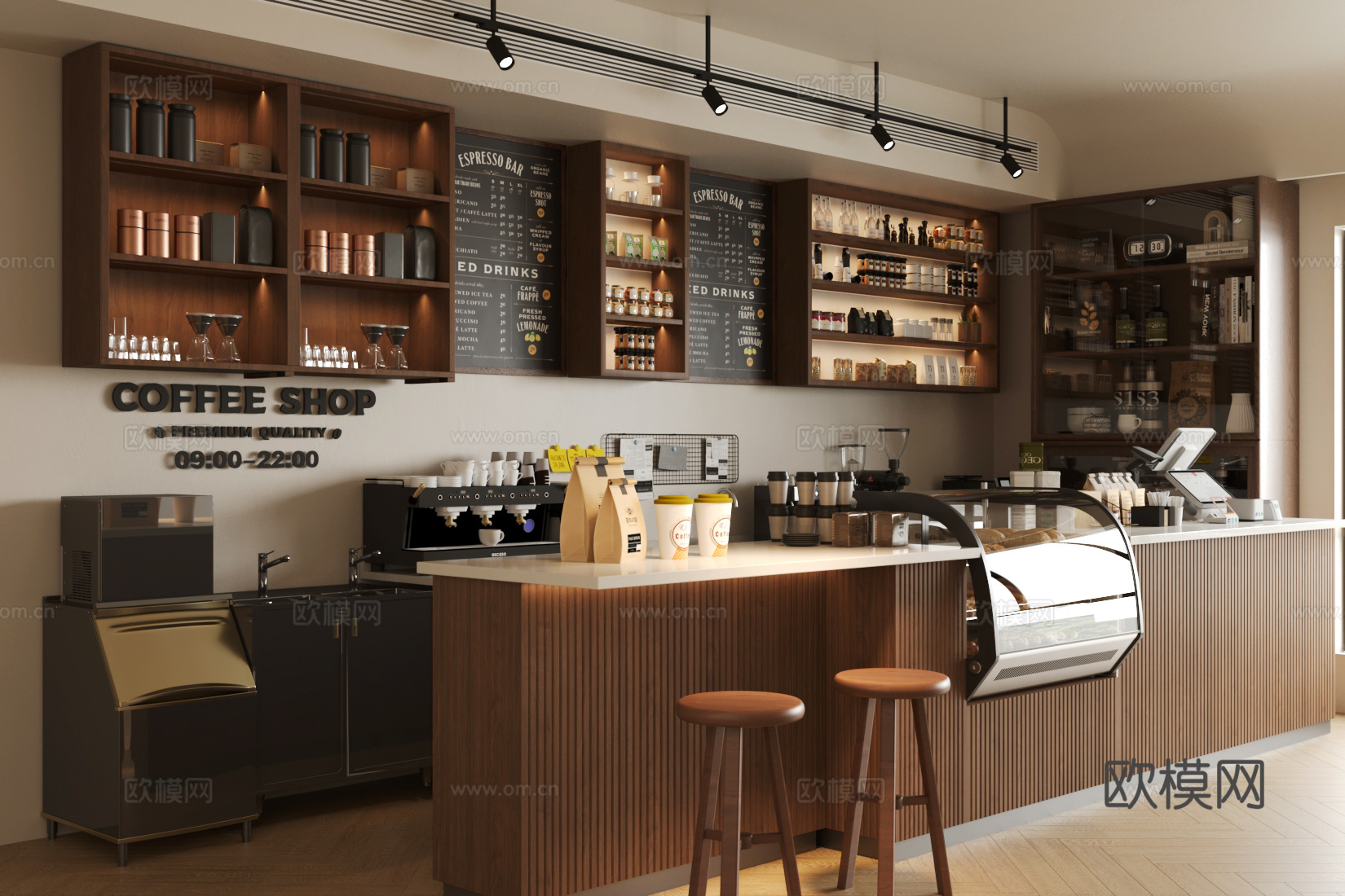 原木风咖啡厅 奶茶店操作台 咖啡操作台 收银前台 蛋糕展示柜su模型