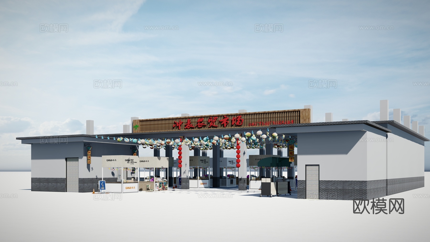 现代集市摊位农贸市场su模型下载