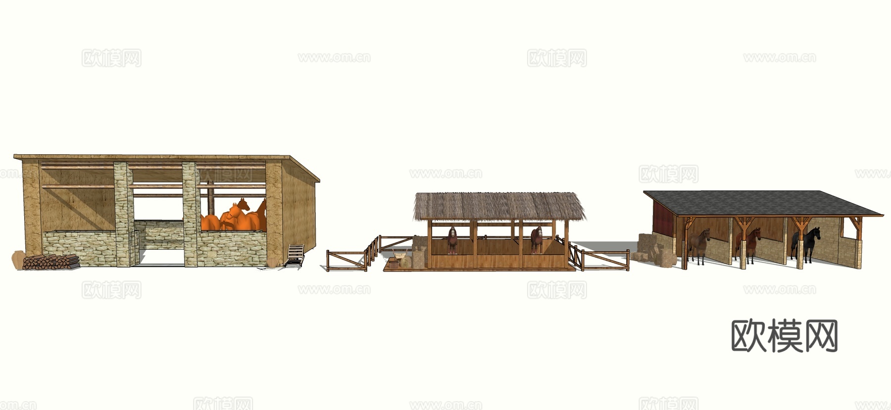 现代马厩 马舍 马屋 马房 干草 木材 栏杆su模型下载