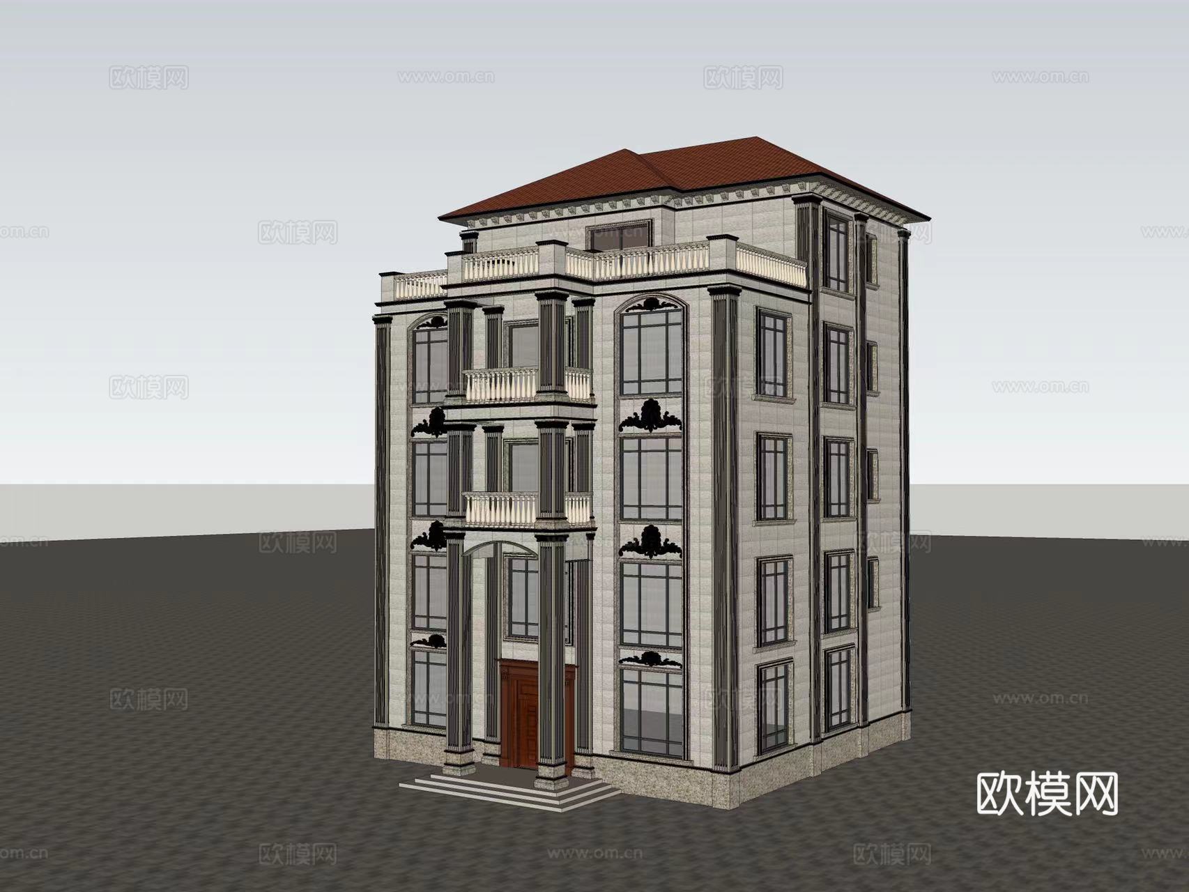 欧式独栋别墅建筑外观su模型下载