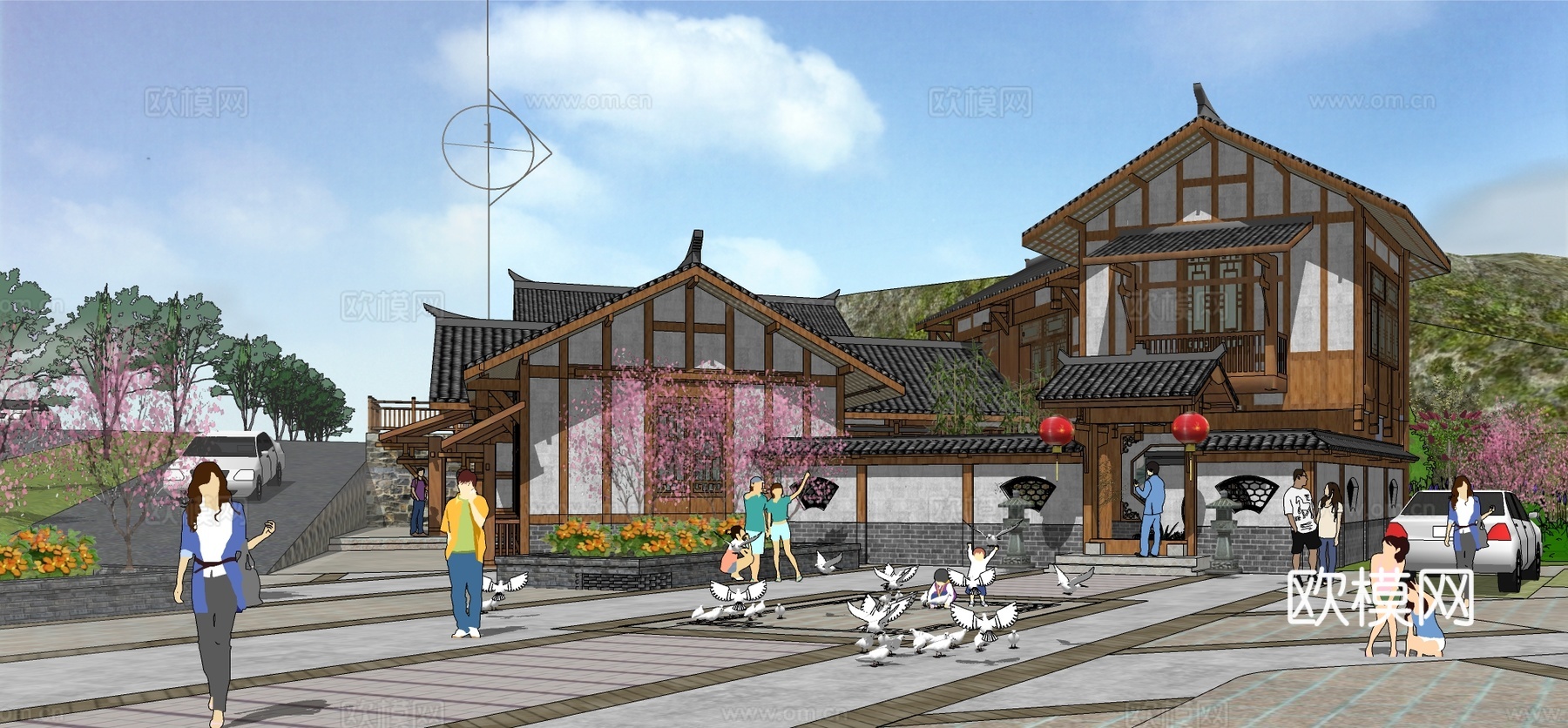 新中式民宿建筑外观su模型下载