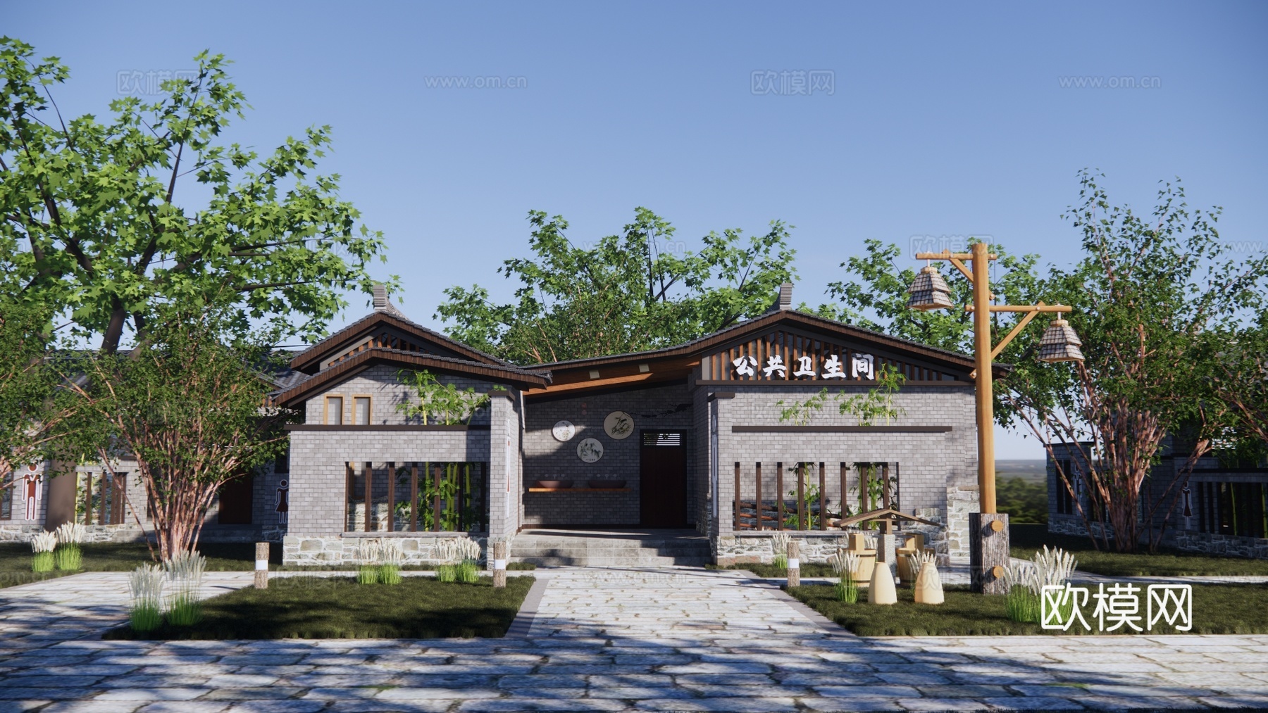 新中式公共厕所建筑外观su模型下载