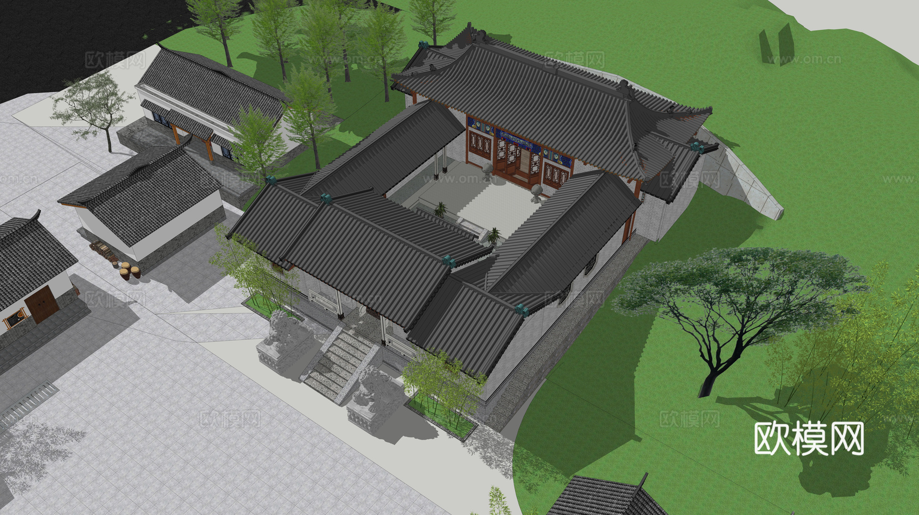 中式四合院鸟瞰su模型下载