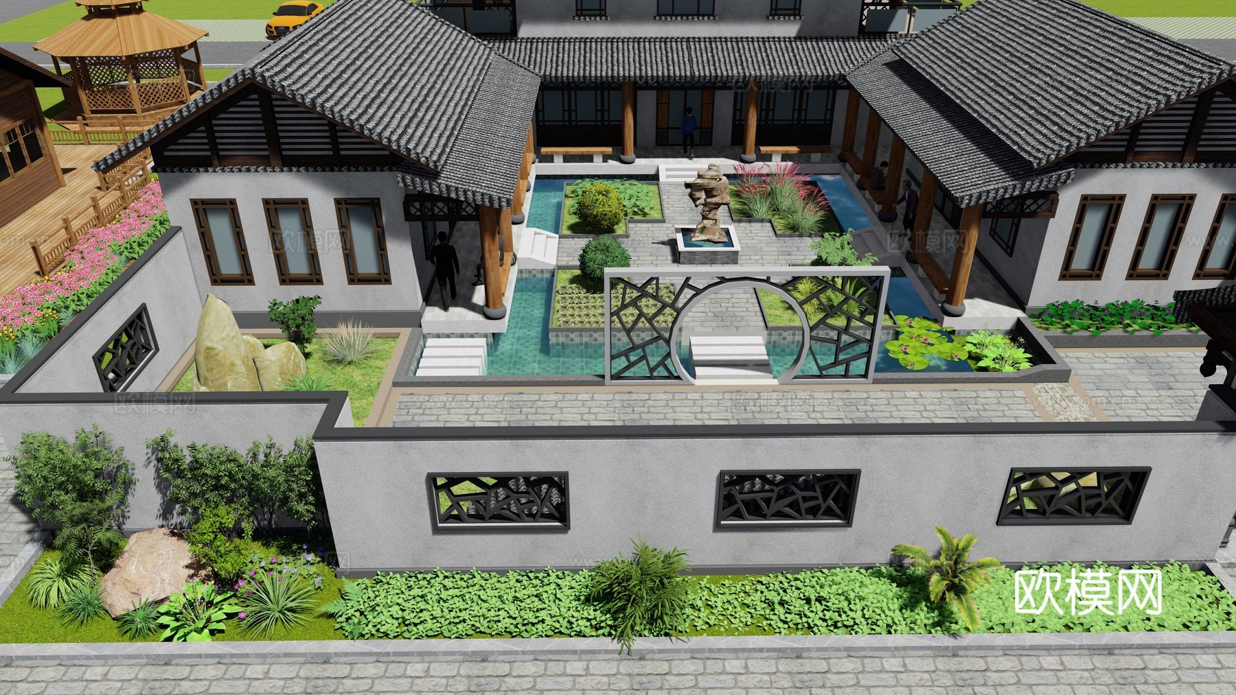 中式乡村庭院 花园景观su模型下载
