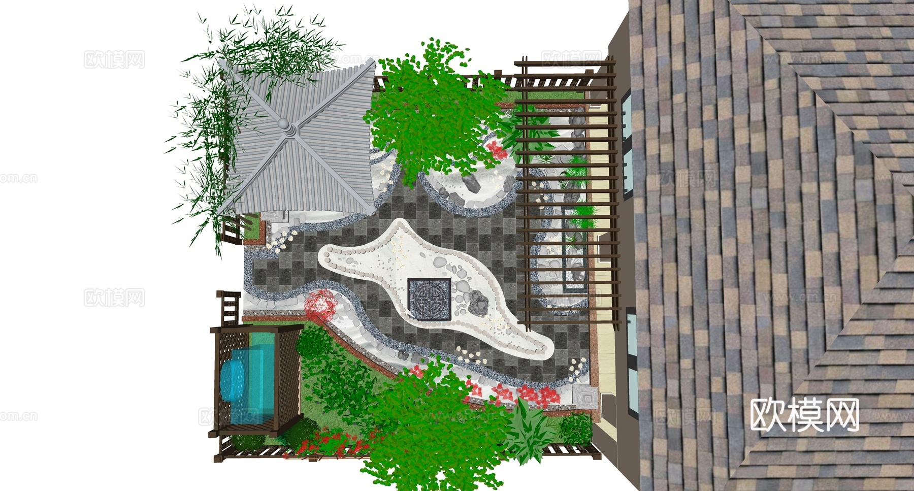 新中式庭院花园su模型下载