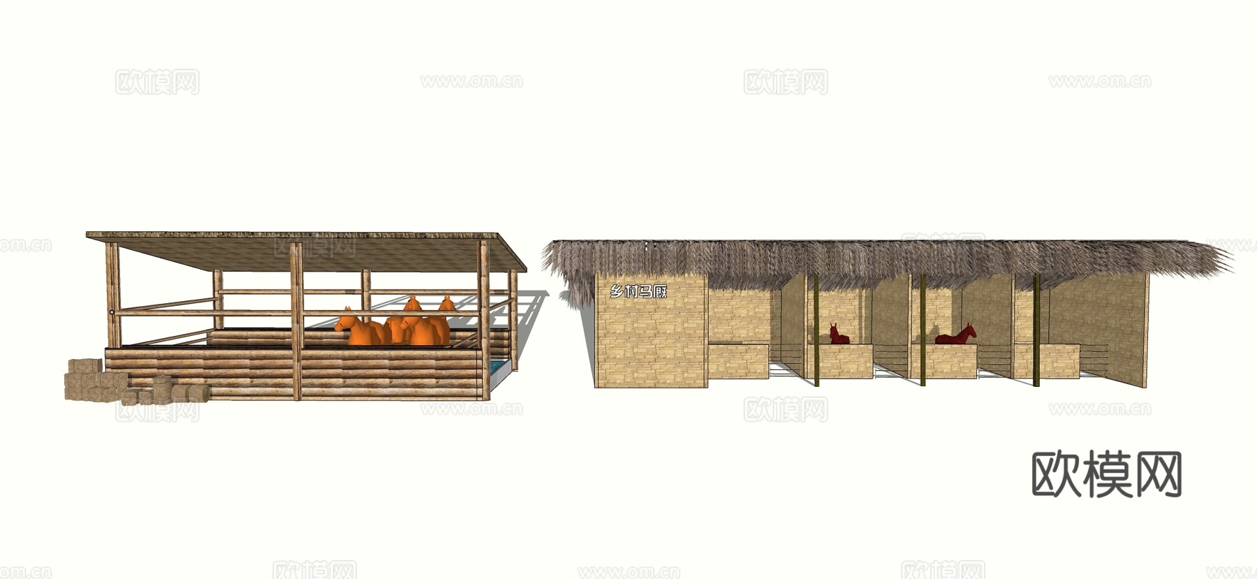 现代马厩 马舍 马屋 马房 干草 木材 栏杆su模型下载