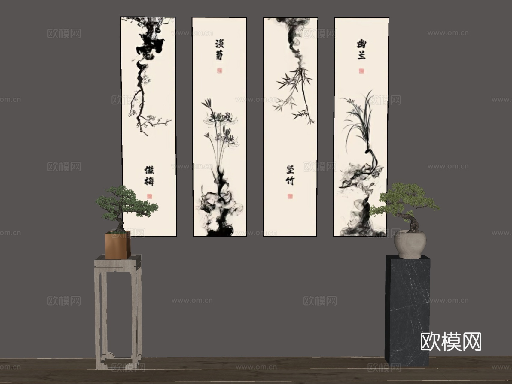 新中式水墨画 禅意挂画 装饰画su模型下载