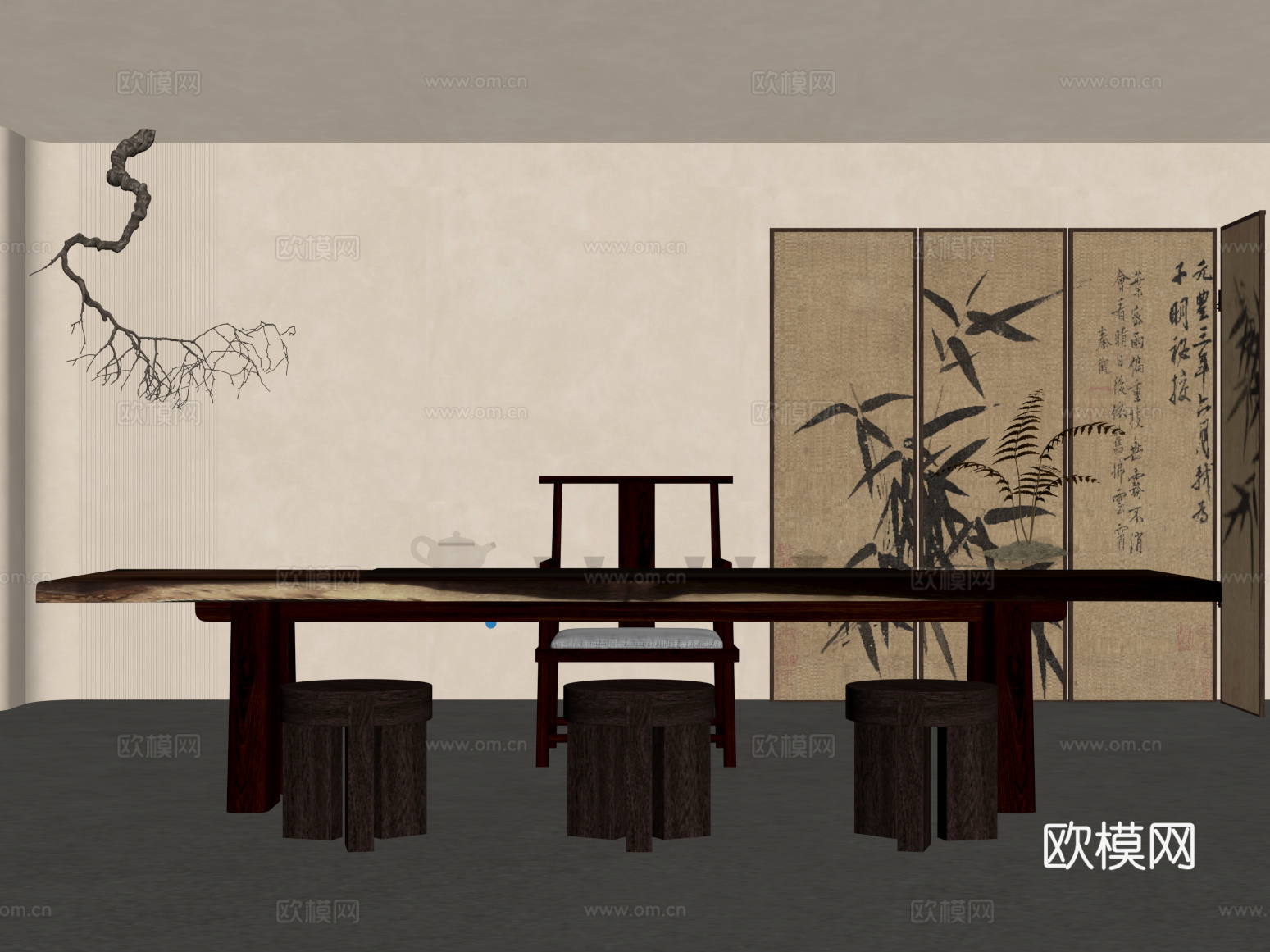 新中式茶桌椅  屏风su模型