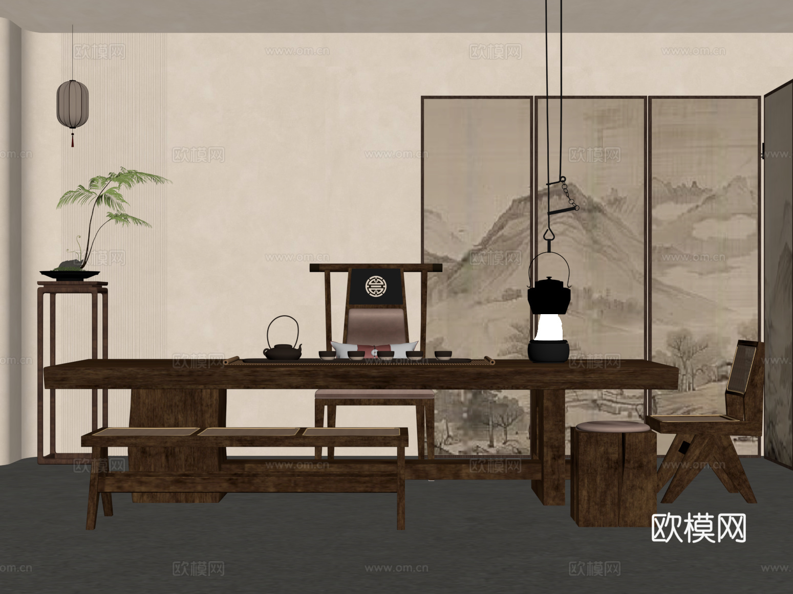 新中式茶桌椅 屏风su模型