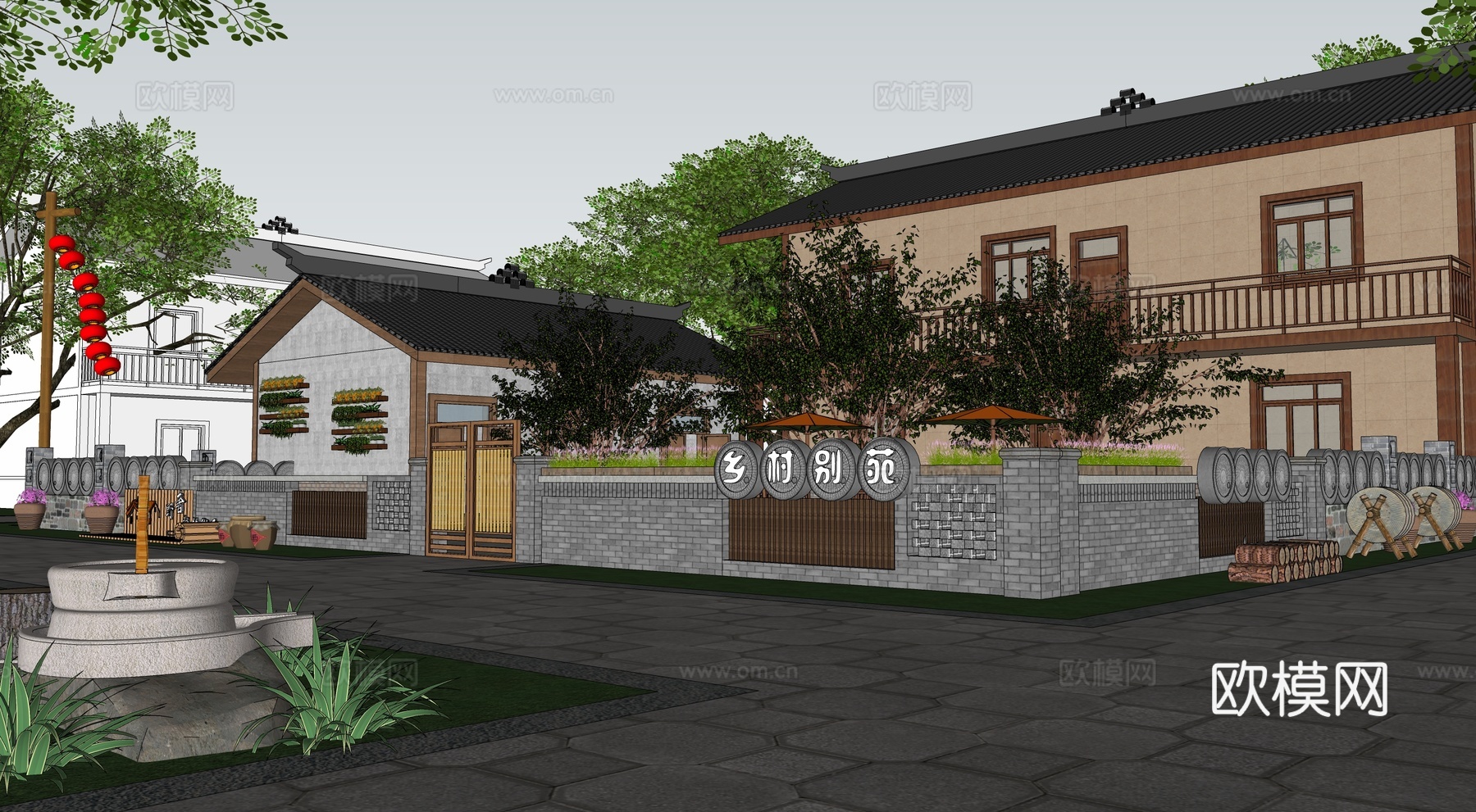 新中式乡村民宿建筑外观su模型下载