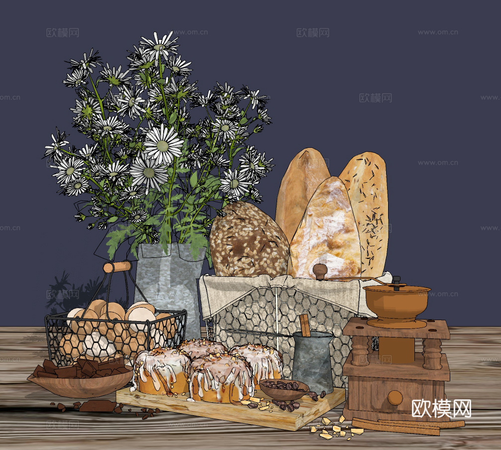 现代鸡蛋面包食物su模型下载