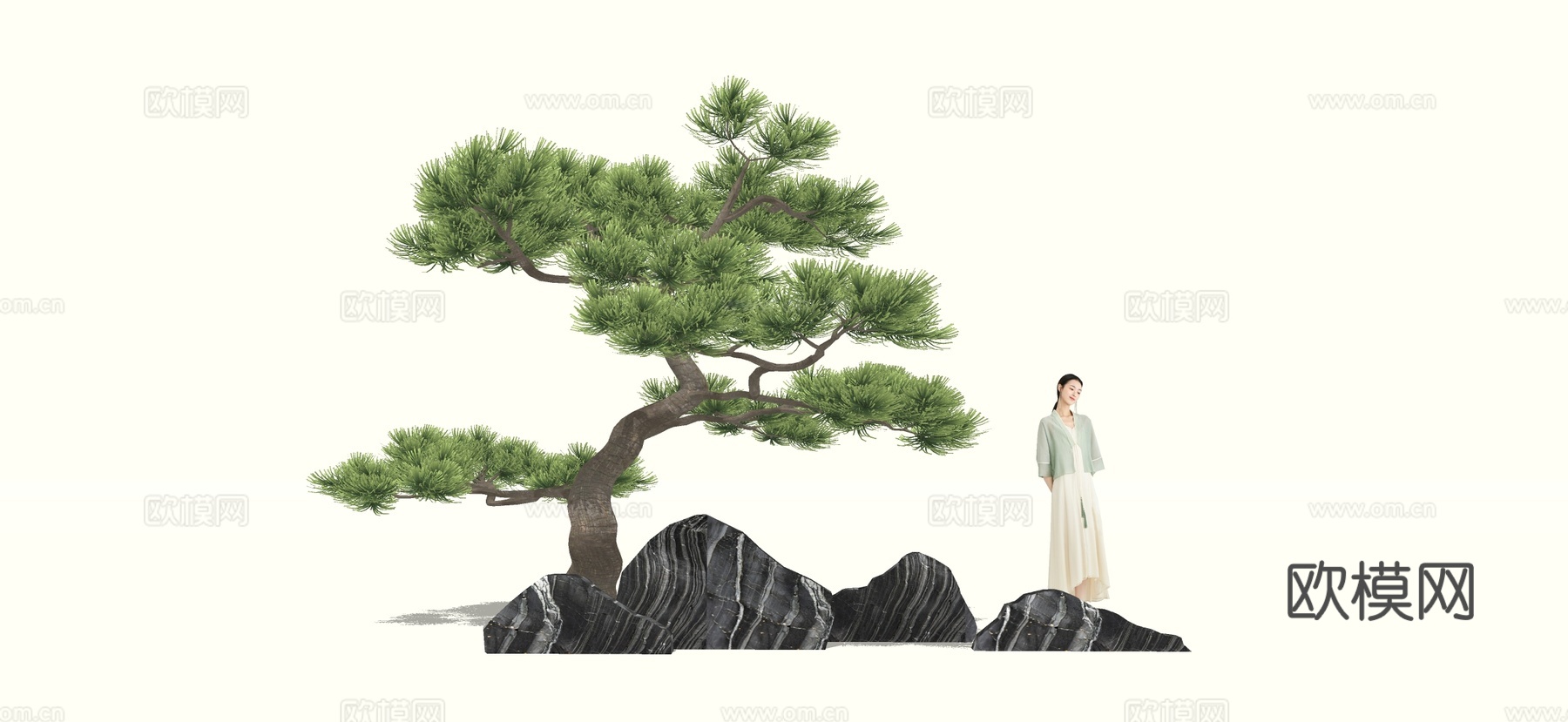 新中式石头 雪浪石 黑山石 枯山石 景观石 置石 罗汉松su模型下载