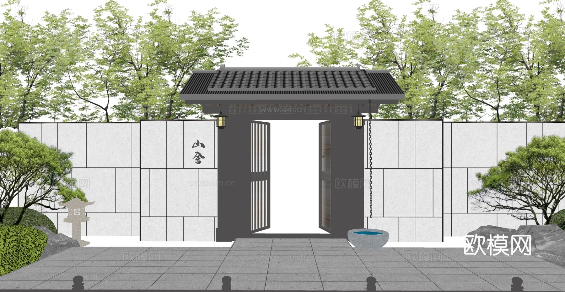 新中式庭院门 入户大门 别墅大门su模型下载