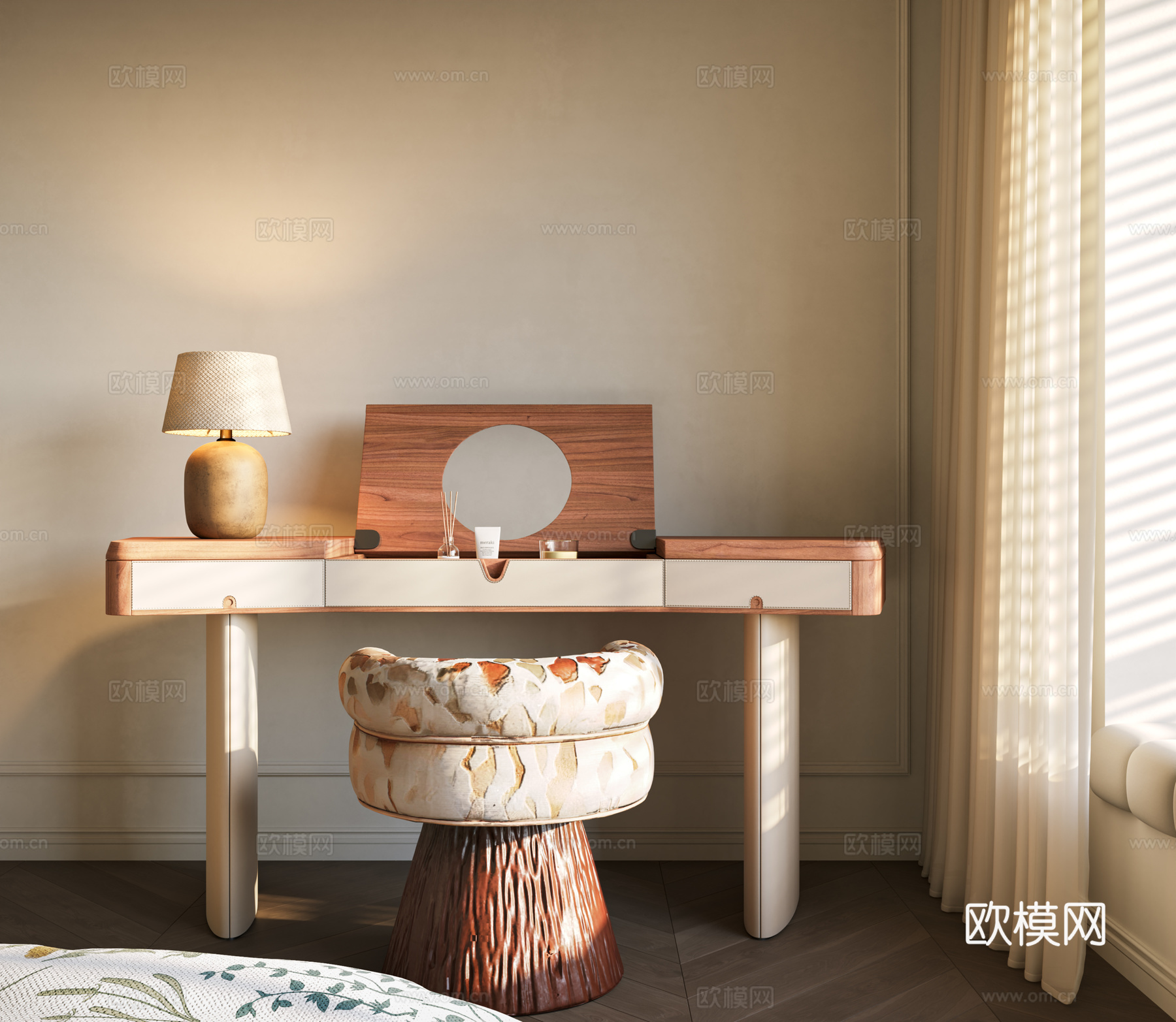 现代中古梳妆台 梳妆椅 化妆镜 妆台妆凳组合 中古边几 中古3d模型