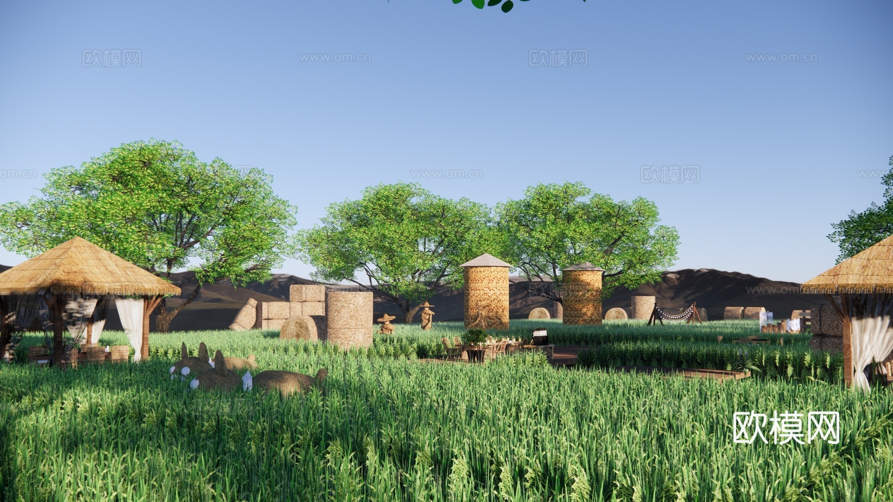 新中式稻田景观种植园su模型下载