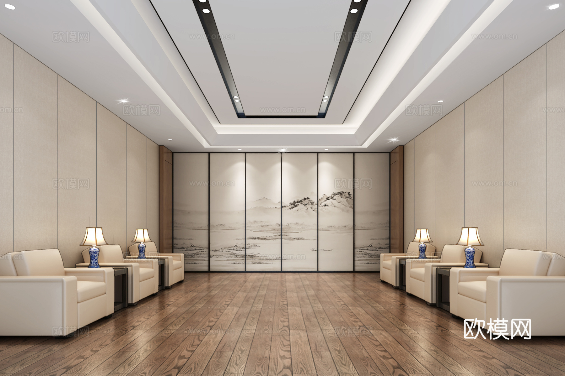 新中式多种风格接待室3d模型