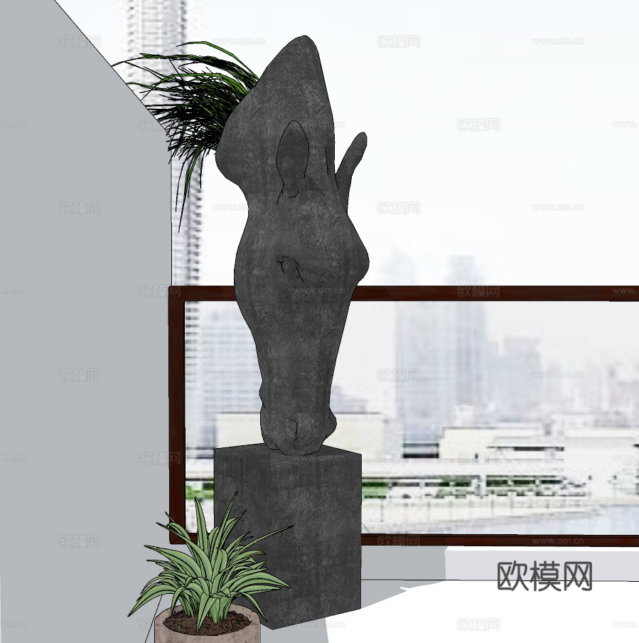 现代马头雕塑 花盆su模型下载