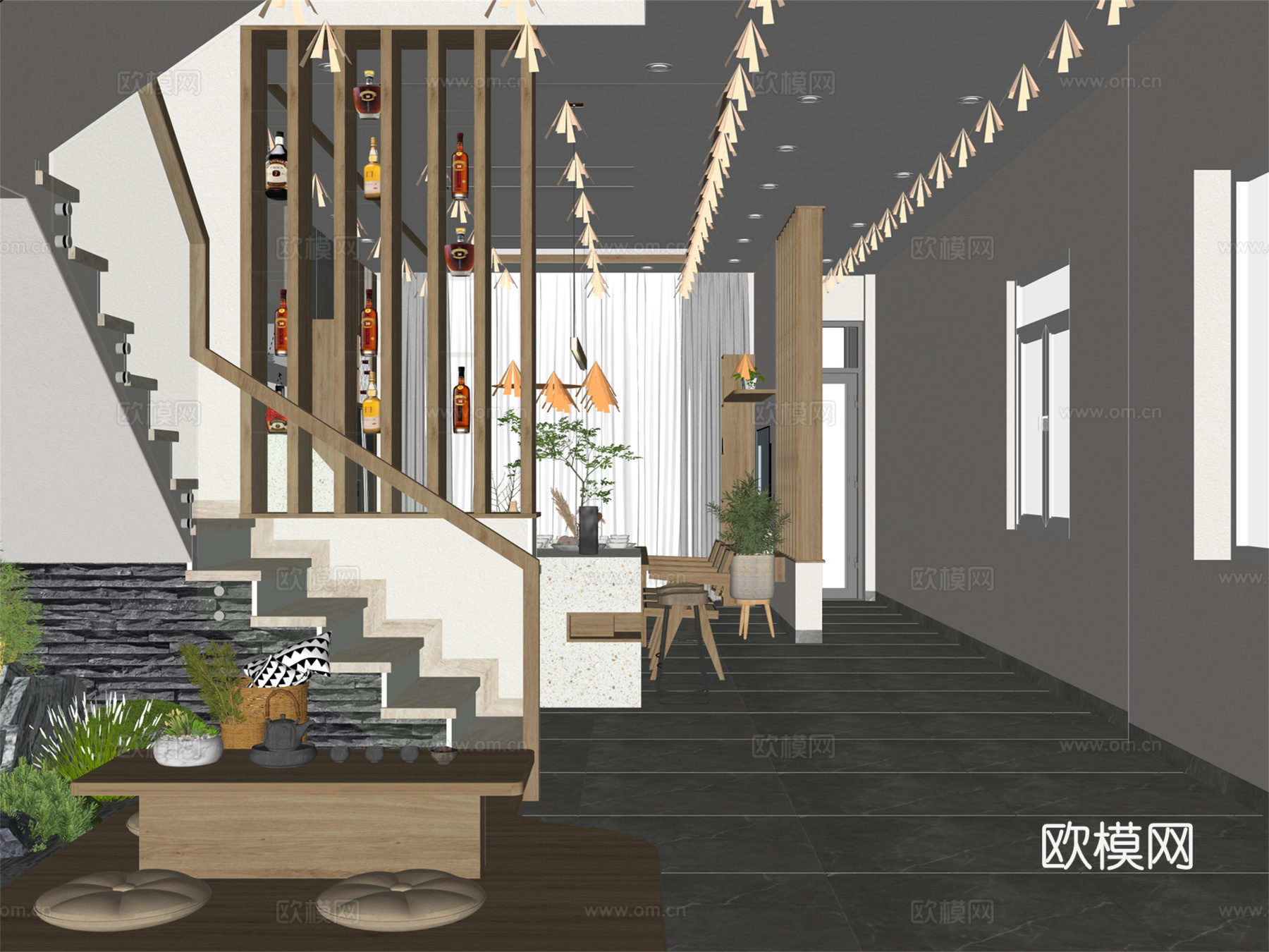 新中式客厅餐厅su模型下载