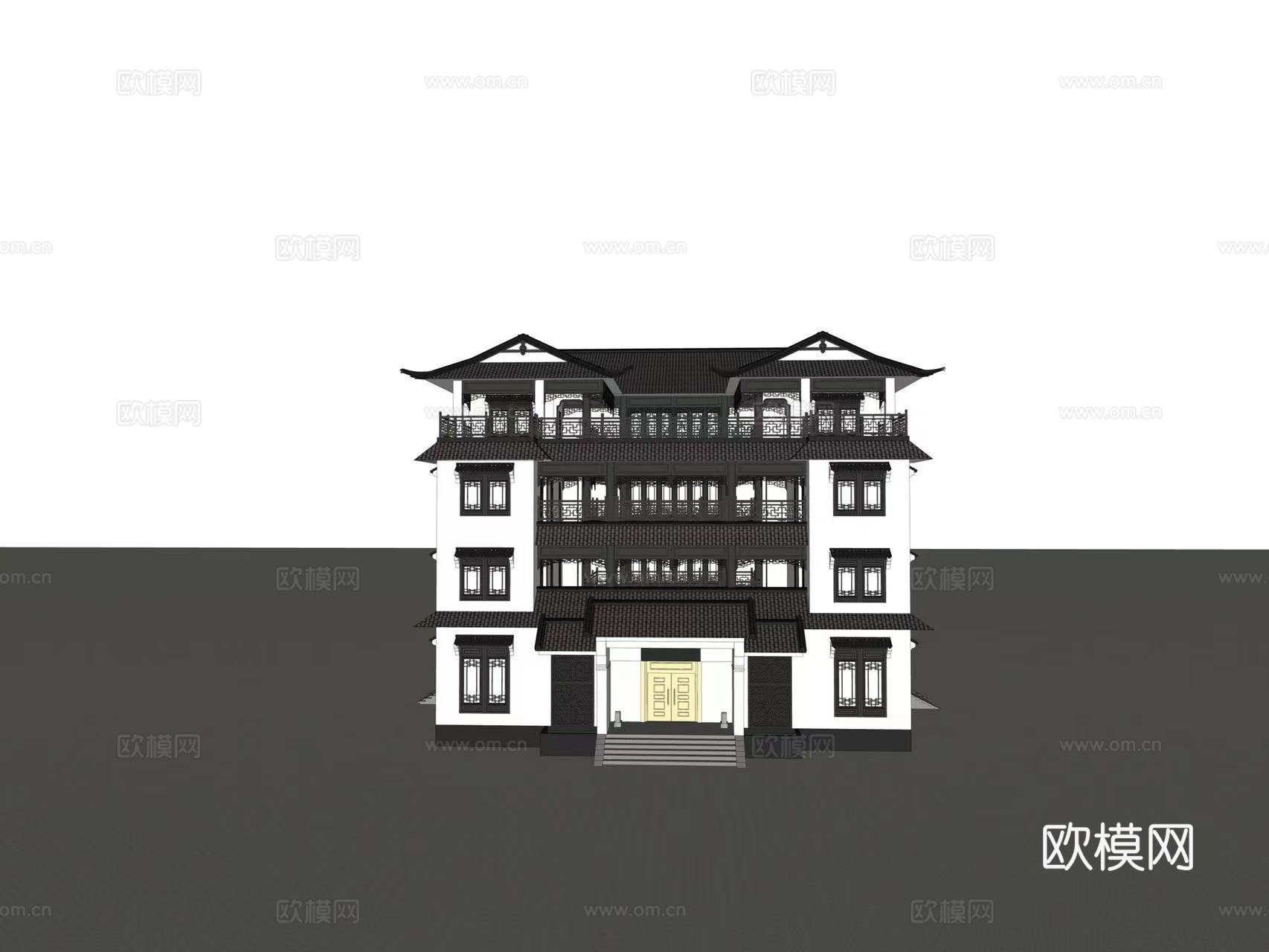 新中式独栋别墅外观su模型下载