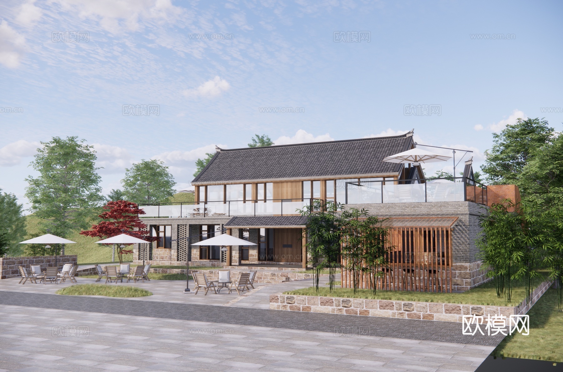 新中式民宿酒店建筑外观su模型下载