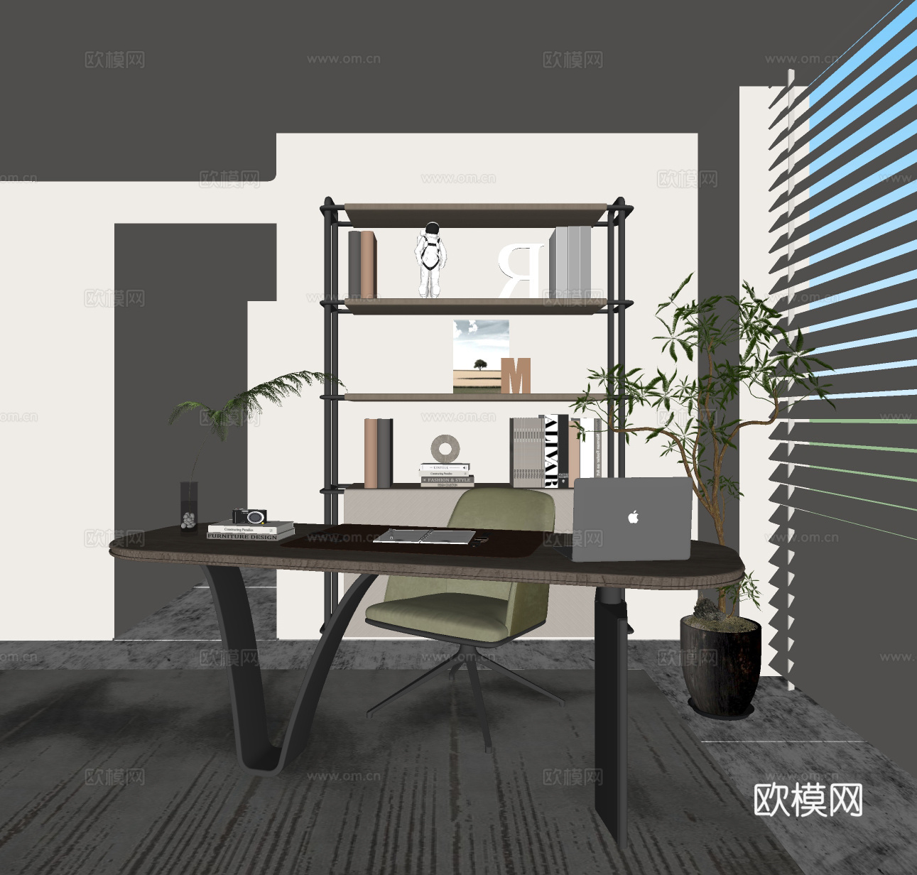 现代书房 复古风书房 卧室书房 书房书柜装饰柜 书房休闲椅躺su模型su模型