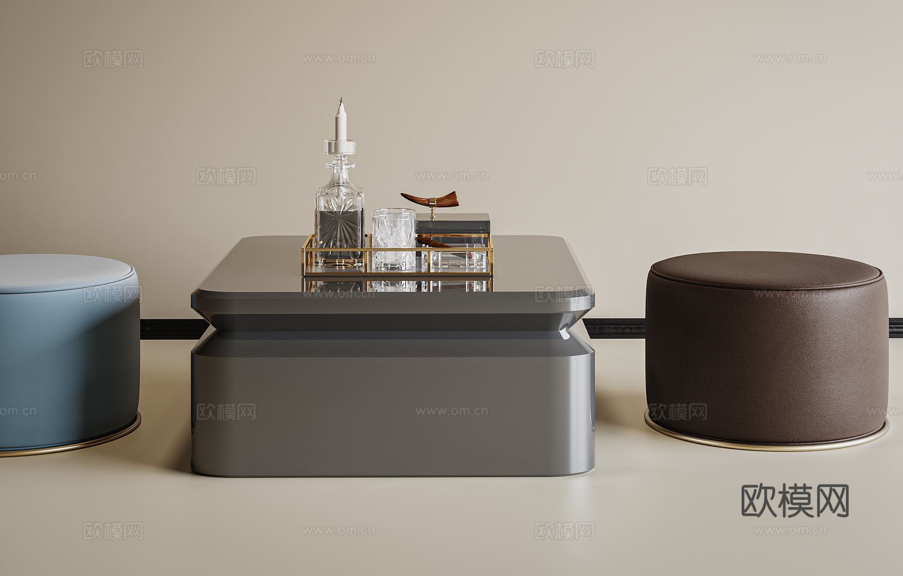 现代茶几圆凳组合  边几 饰品摆件3d模型