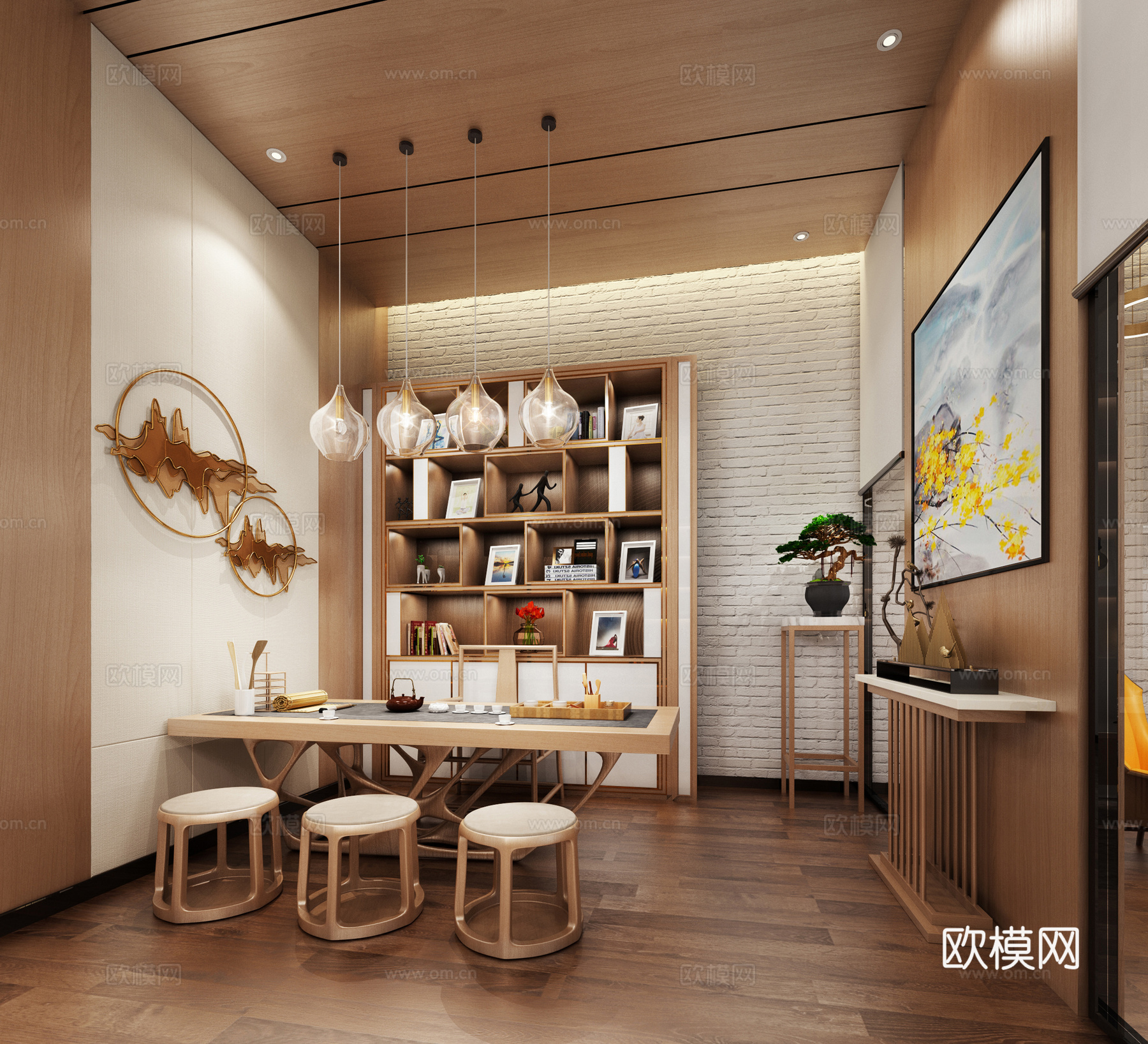 新中式茶室接待室 吊灯 软包 储物柜3d模型