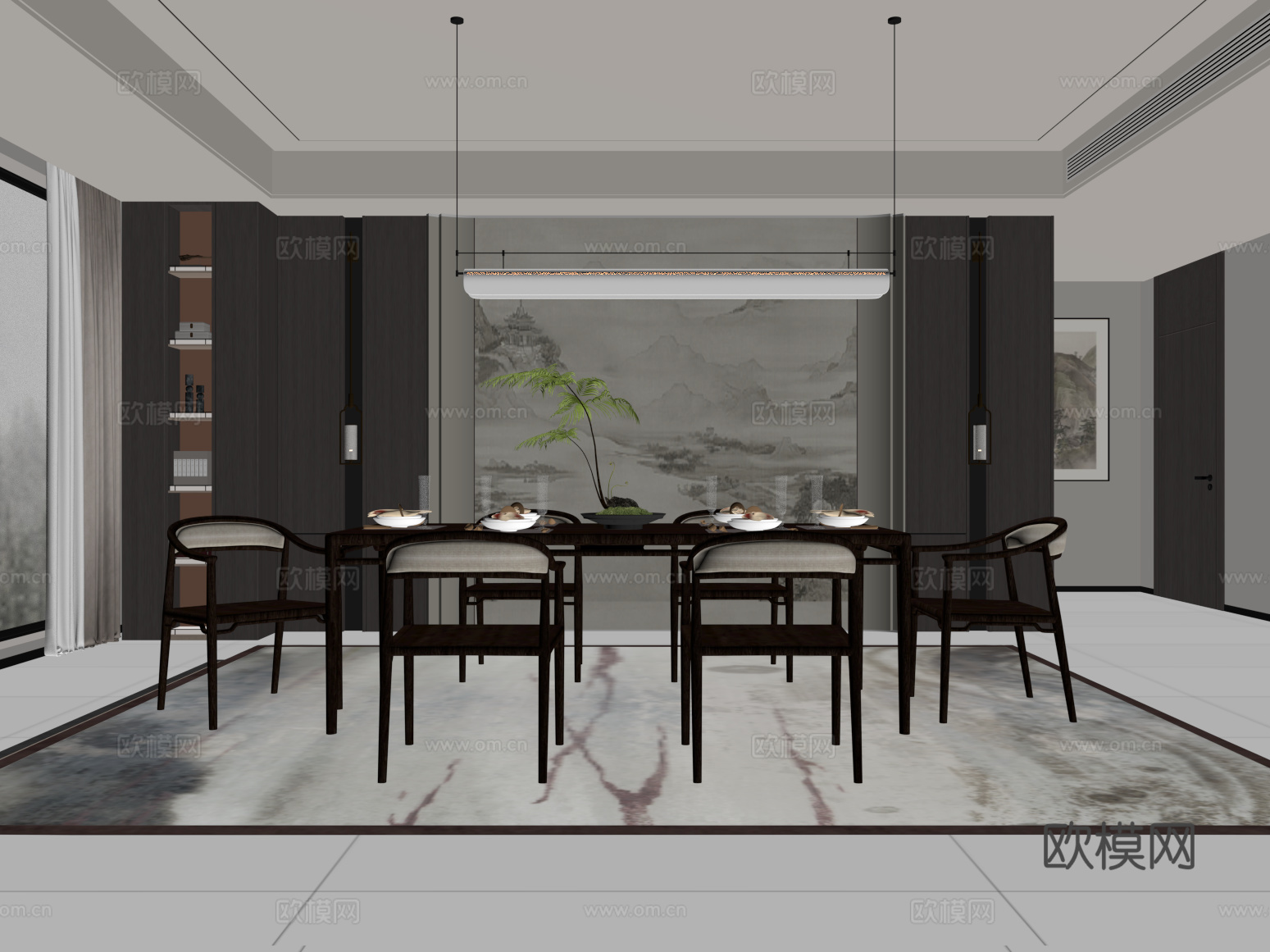 新中式餐厅 餐桌椅su模型