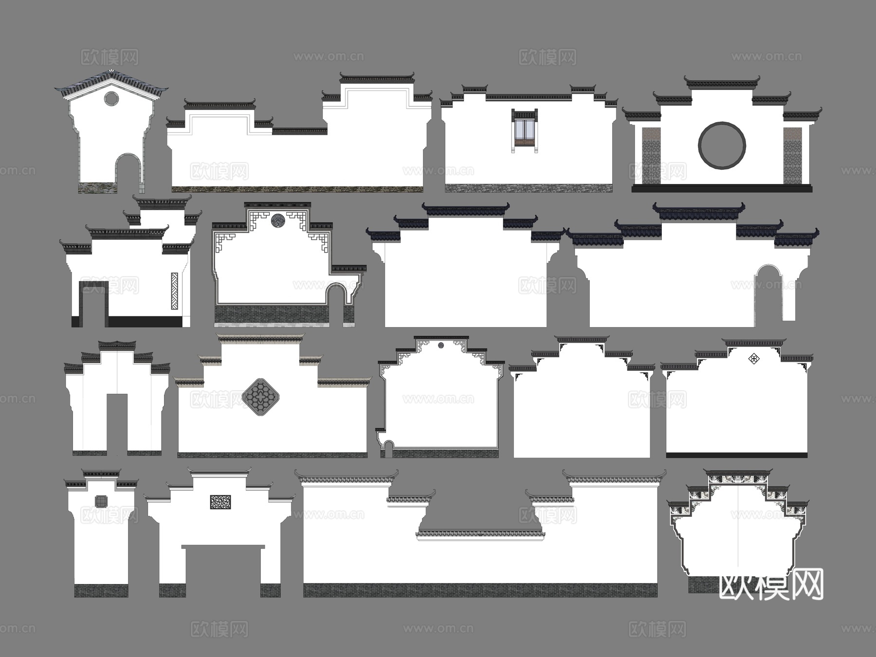 中式马头墙 徽派建筑 屋檐 屋顶 门头su模型下载