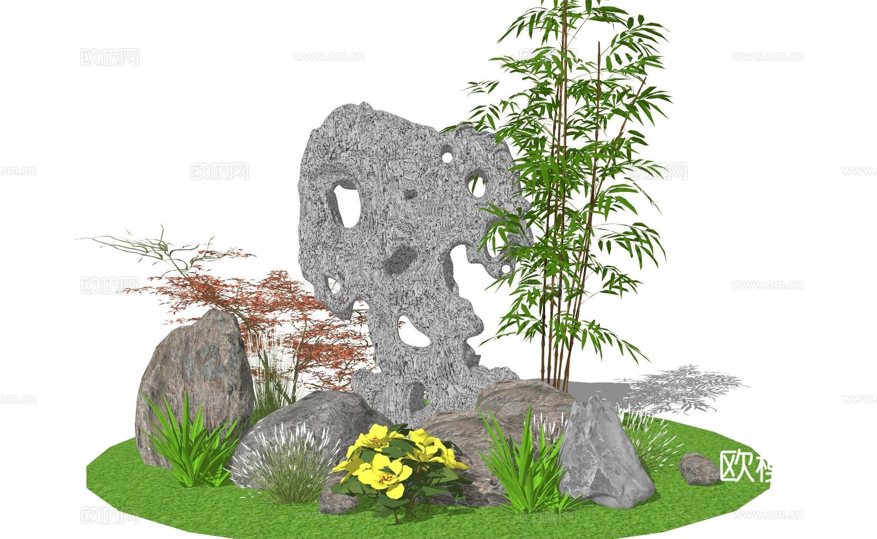 新中式假山景石植物组合竹子SU模型下载