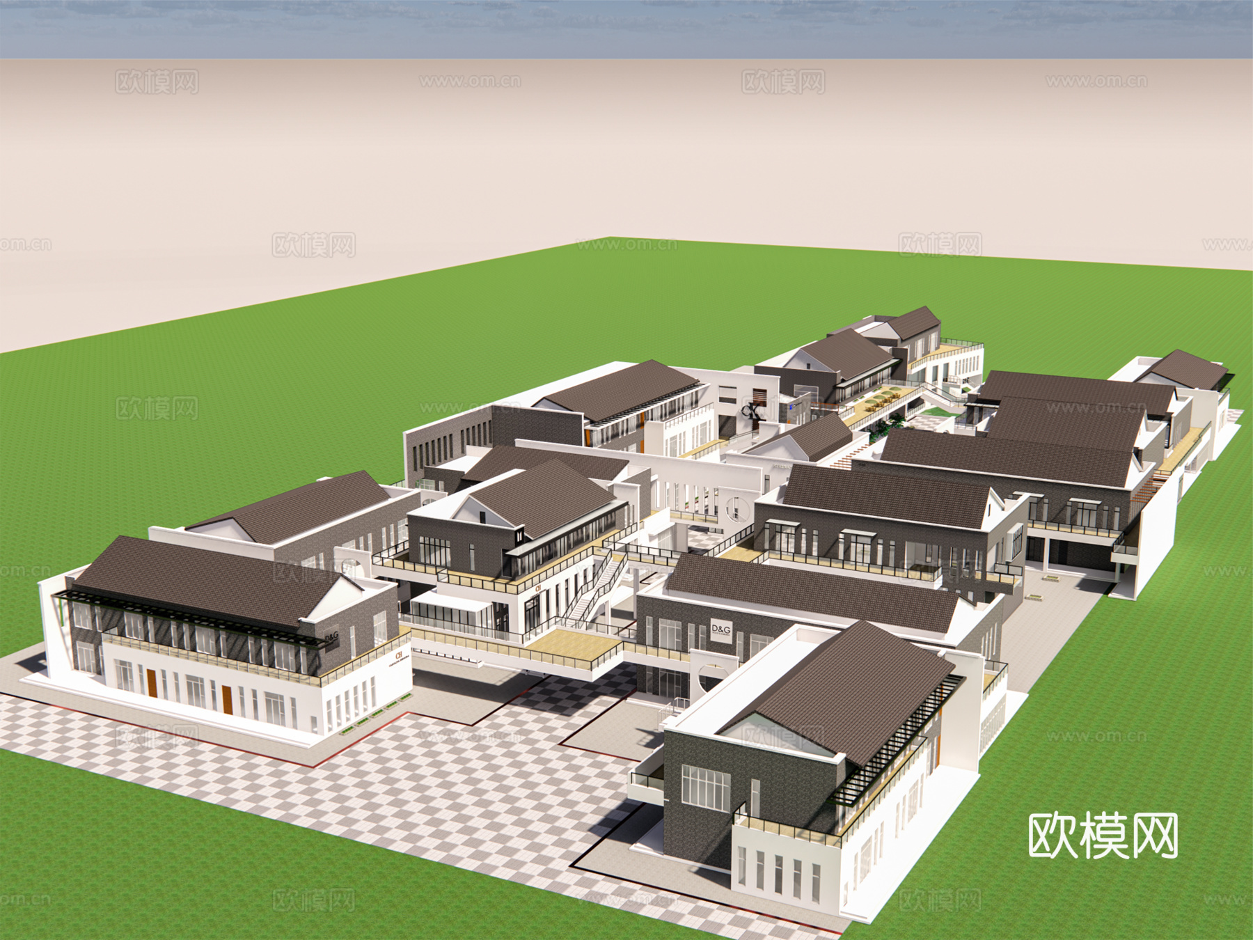新中式产业园区建筑外观su模型下载