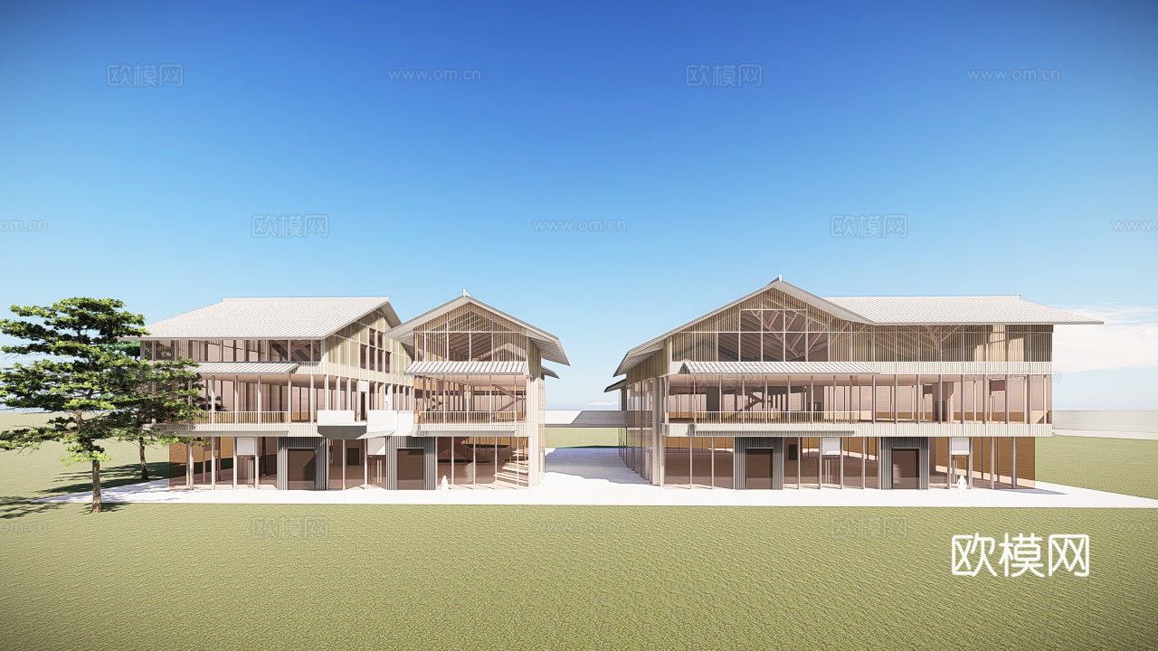 新中式游客中心建筑外观su模型下载