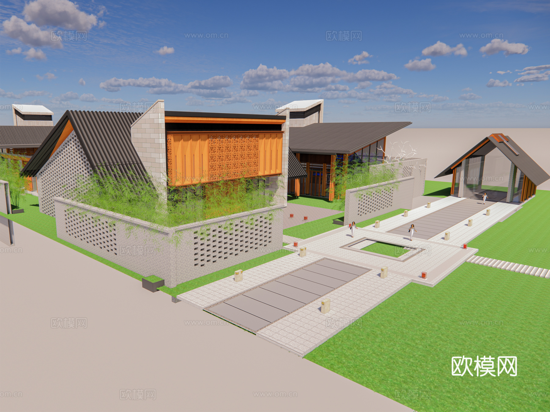 新中式售楼处建筑外观su模型下载