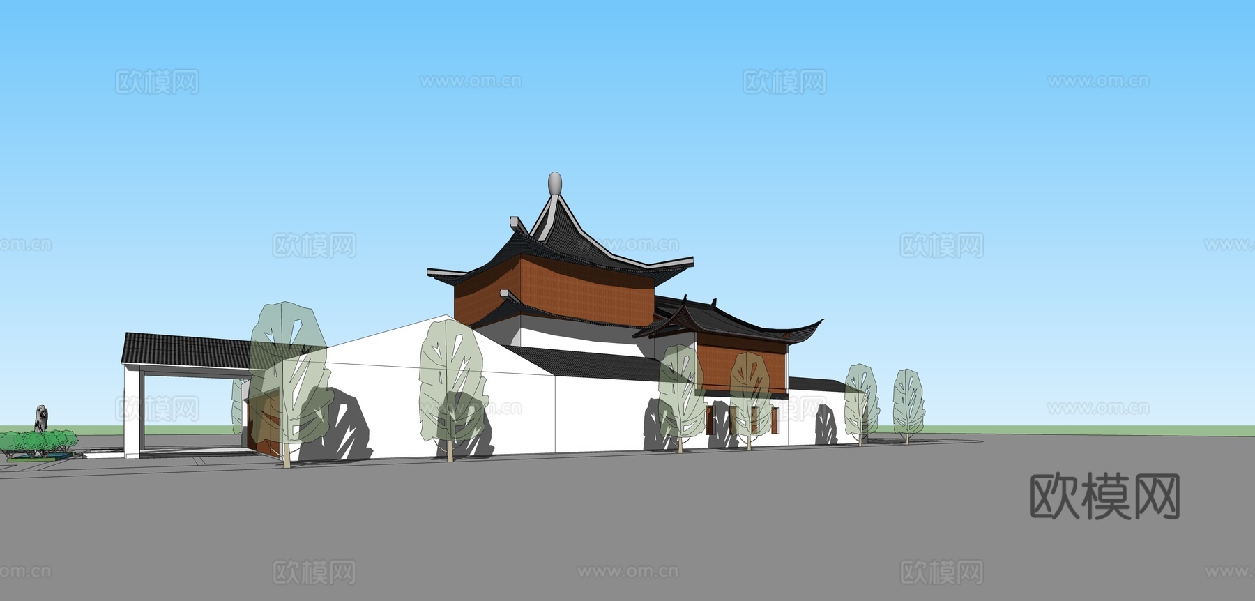 新中式游客中心建筑外观su模型下载
