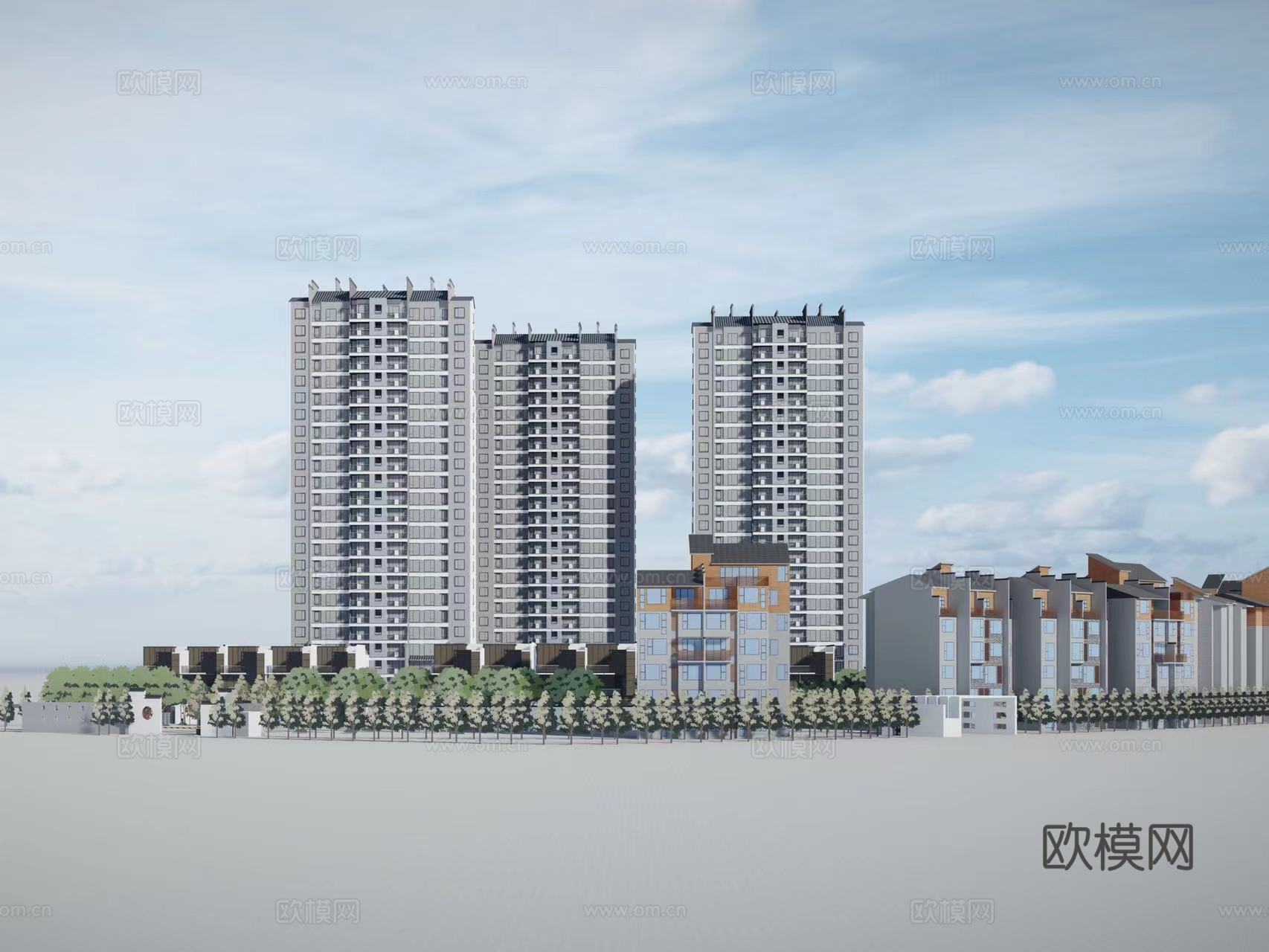 现代住宅小区建筑外观su模型下载