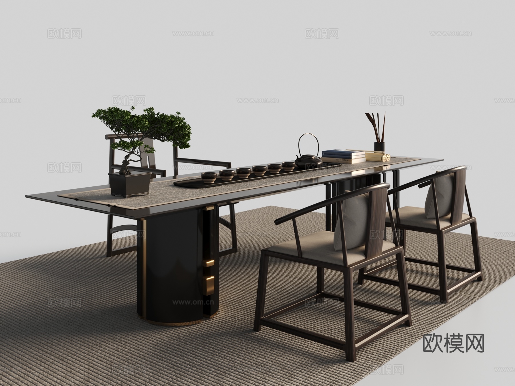 新中式茶桌椅组合 摆件 地毯 绿植3d模型