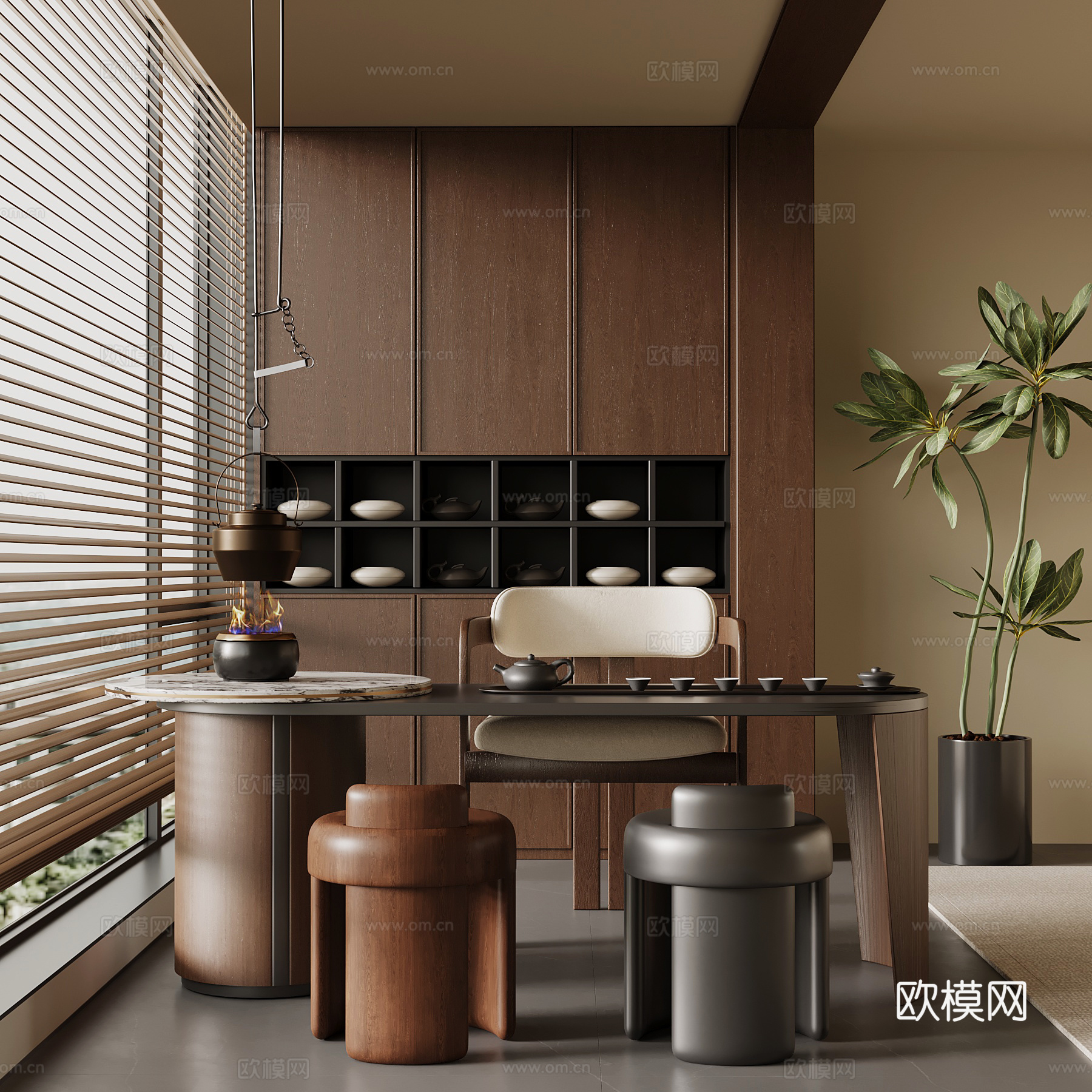 中古风茶桌椅 小茶台su模型