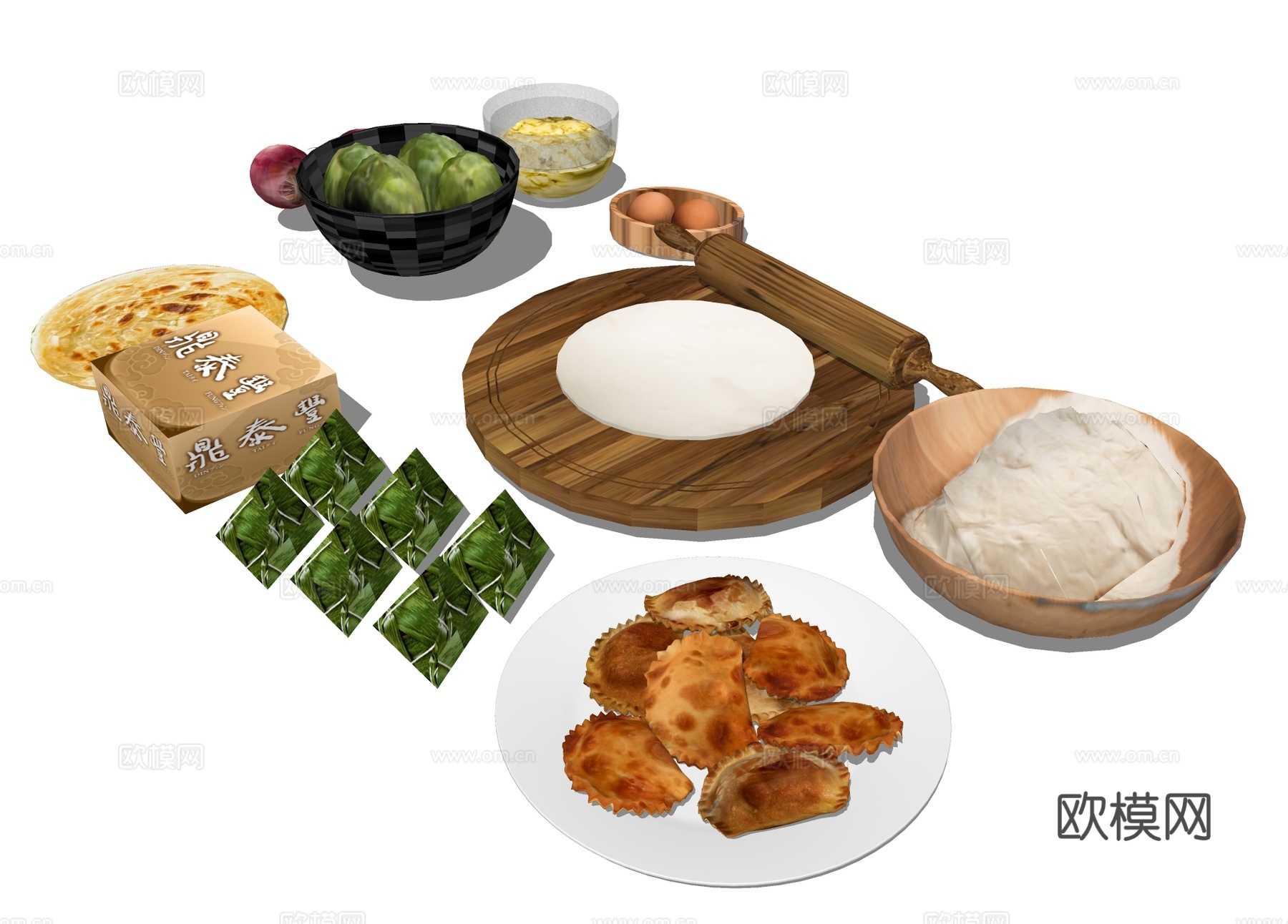 手抓饼 粽子 煎饺 面 食物su模型下载