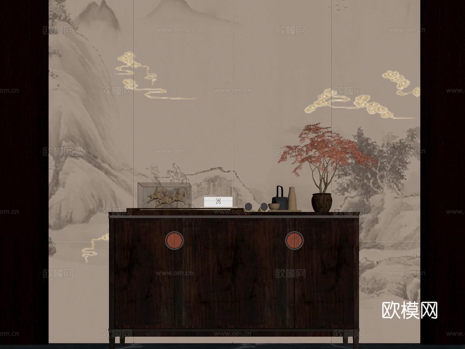 18玄关 新中式玄关 端景柜 玄关柜 盆栽盆景 摆件su模型