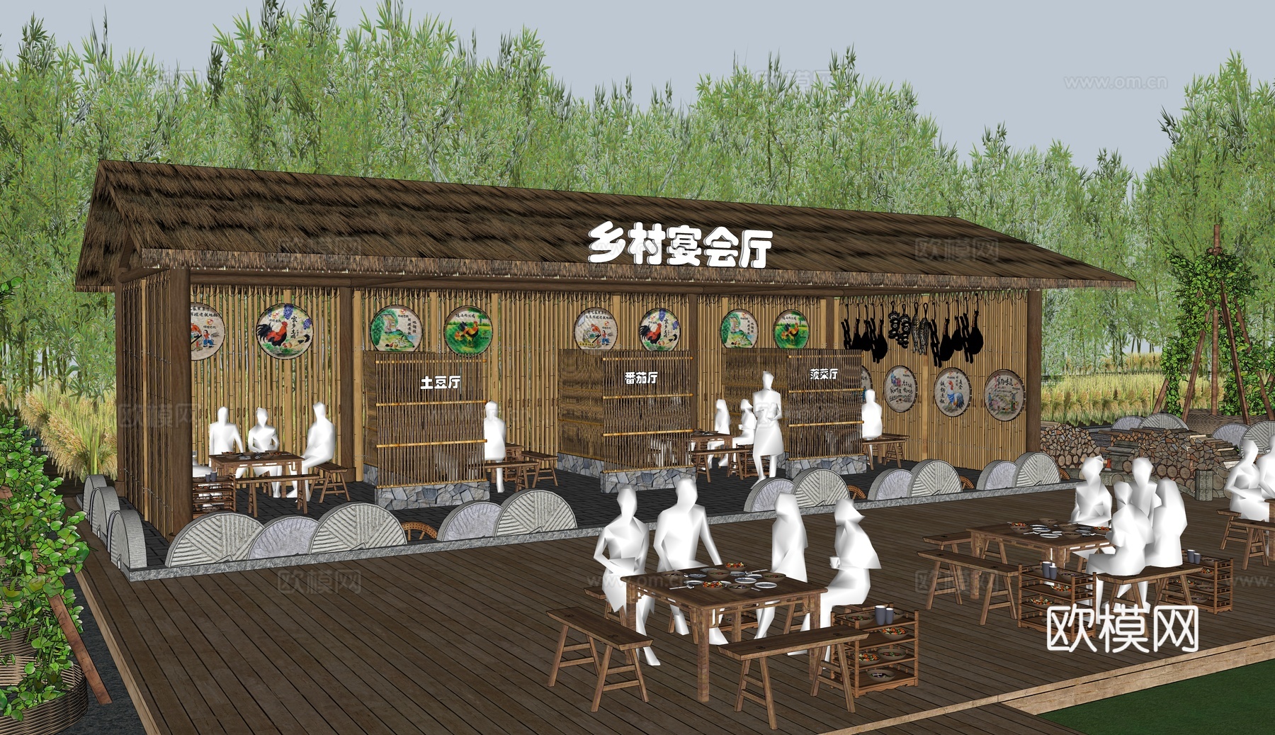 新中式园林式火锅餐厅 乡村茅草屋 生态餐饮建筑 su模型下载
