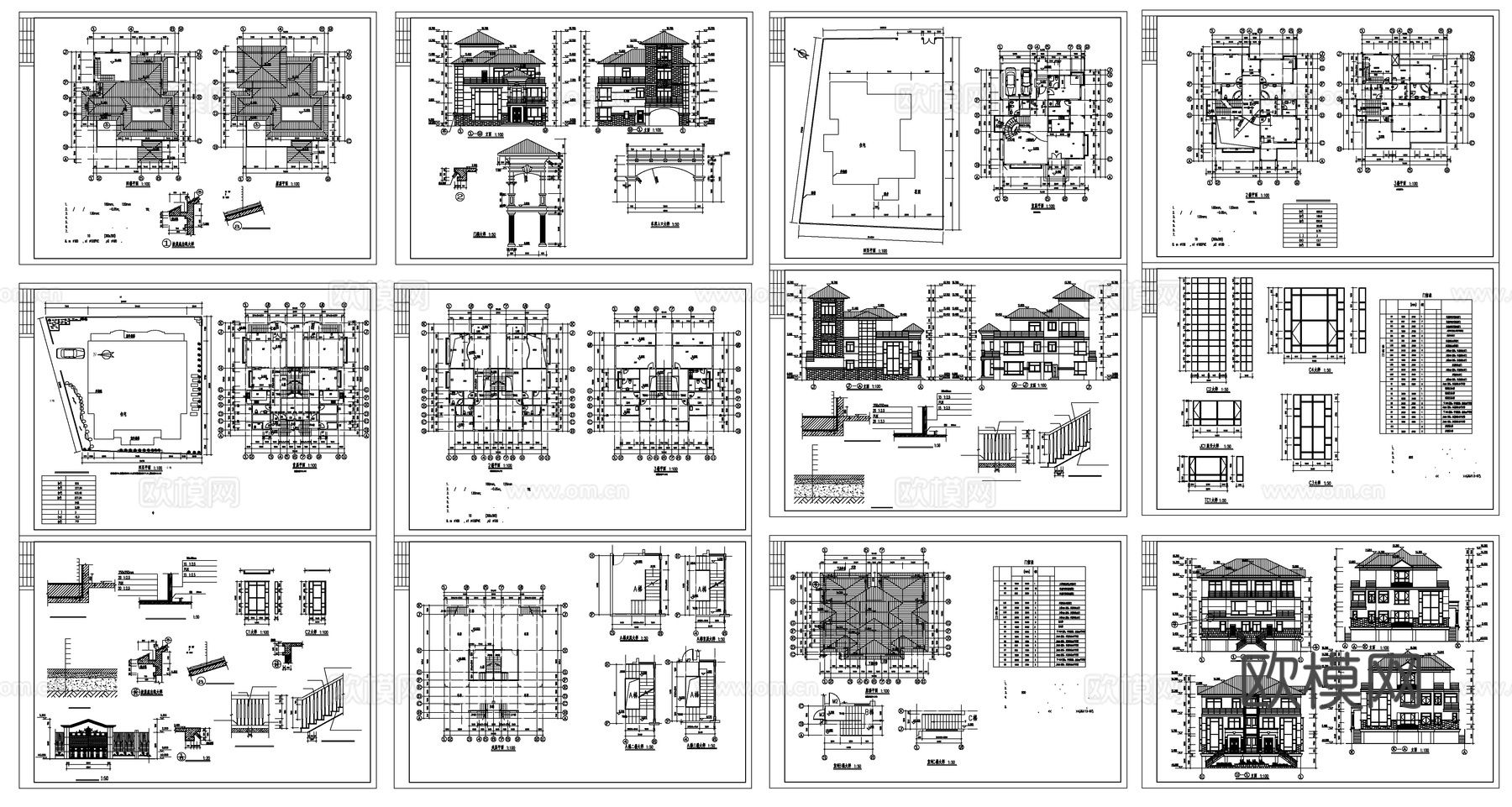 两套仿古别墅建筑CAD施工图cad施工图